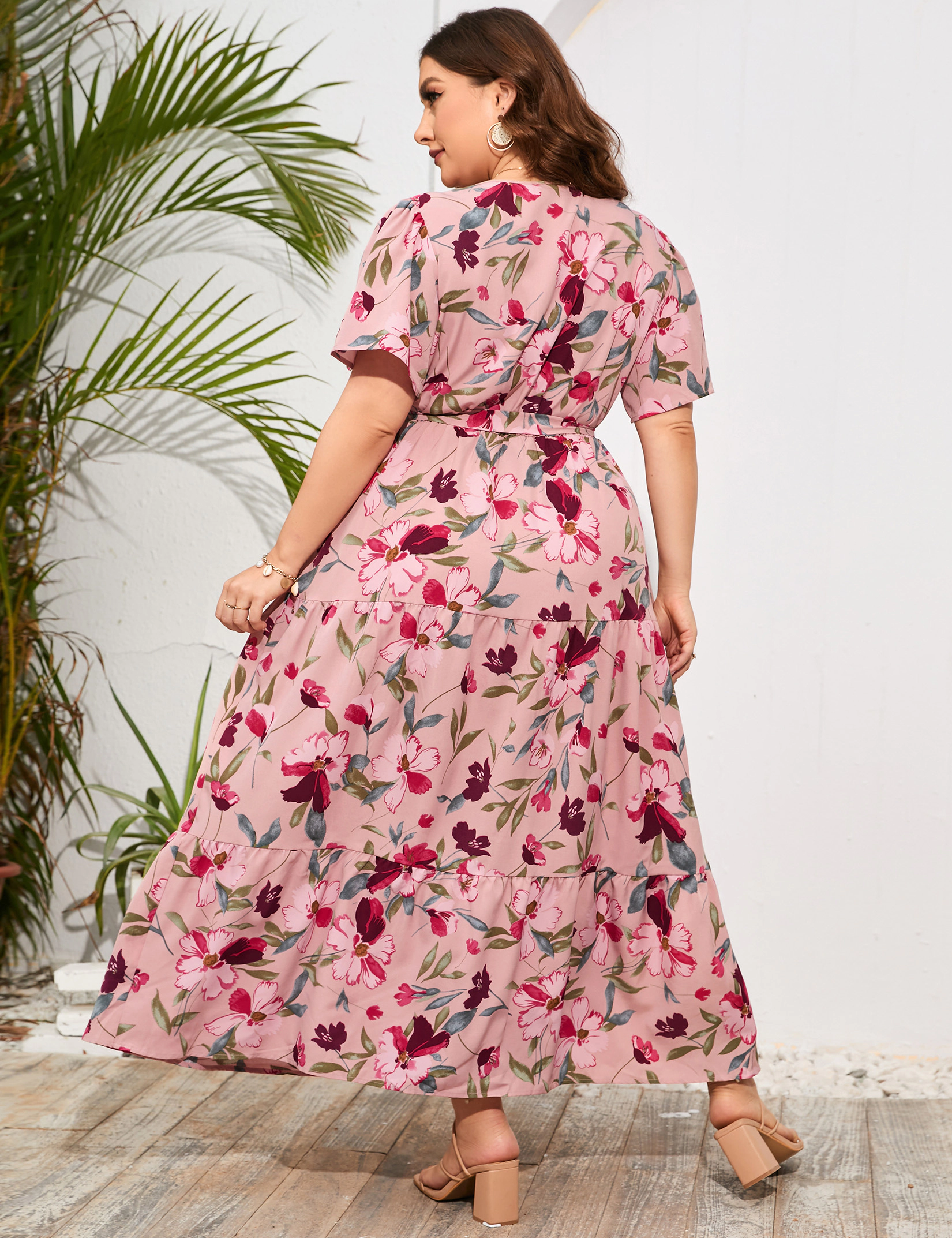 KOJOOIN Women's Plus Tropical Dresses V Neck Short Sleeve Floral Long Summer Casual Dress