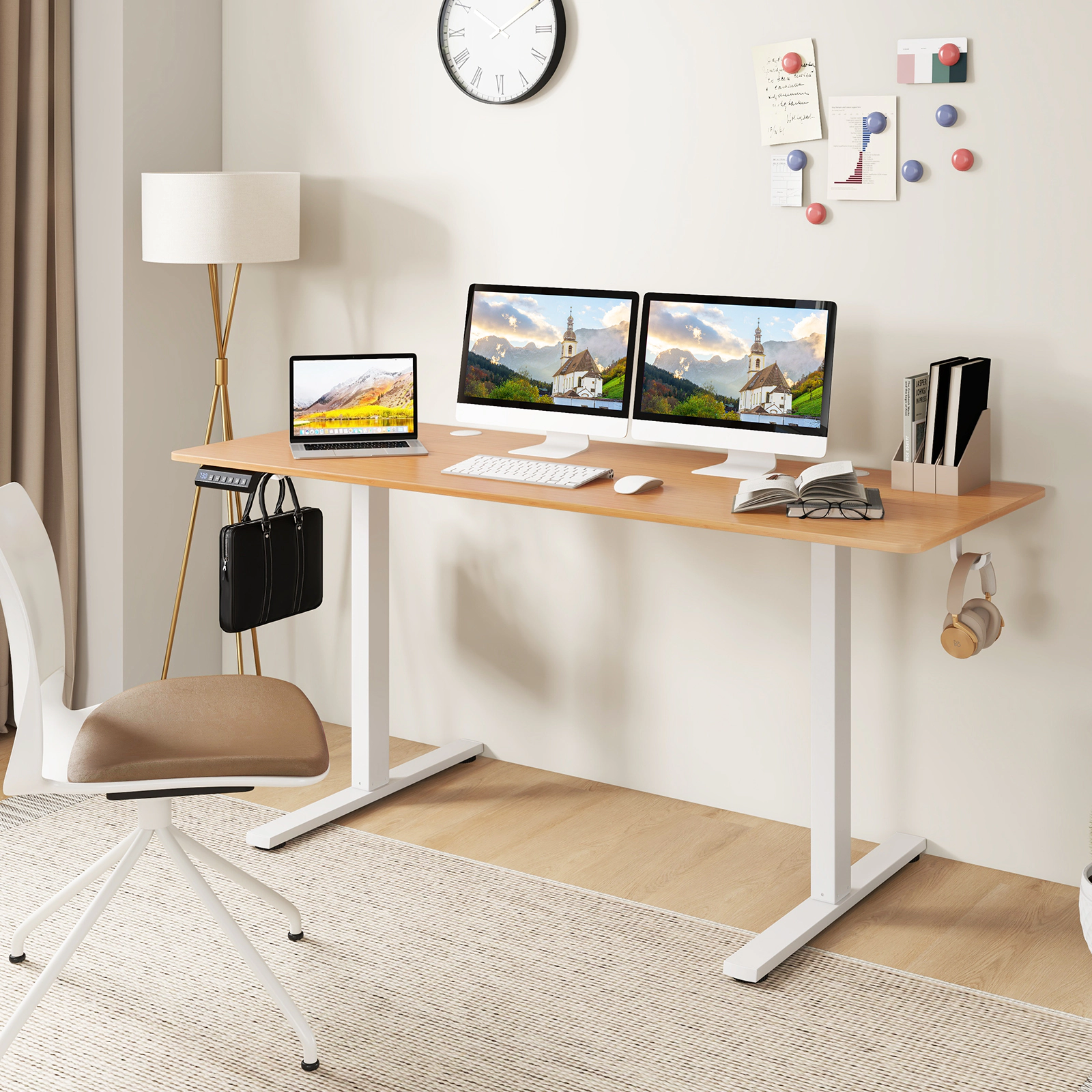 LJG Electric Standing Desk with 3 Memory Heights and 2 Hanging Hooks and Cable Holes