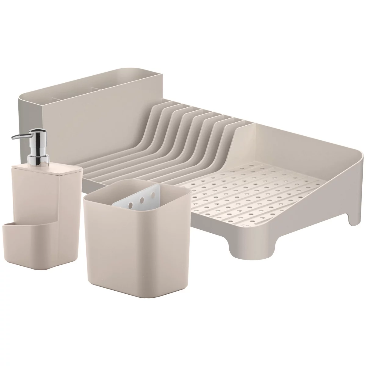 OU Kitchen Sink Organizer 3pc Set- Dish Drying Rack, Cutlery Drainer & Soap Dispenser Caddy w/ Sponge Holder