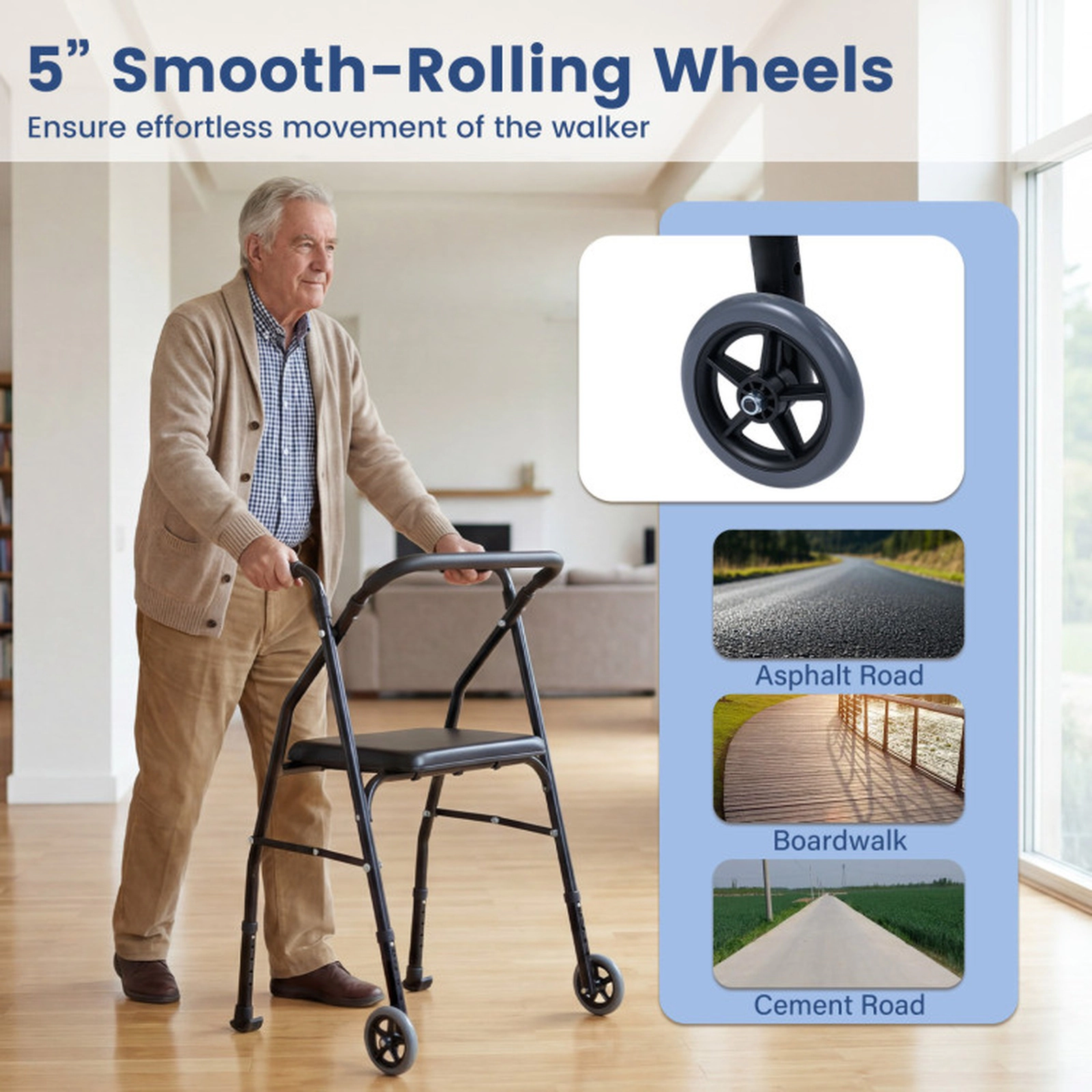 SUGIFT Black Folding Walker with Padded Seat 2 Wheels and 5-Level Handles 24-in W 21-in D 220-lb Seat Capacity