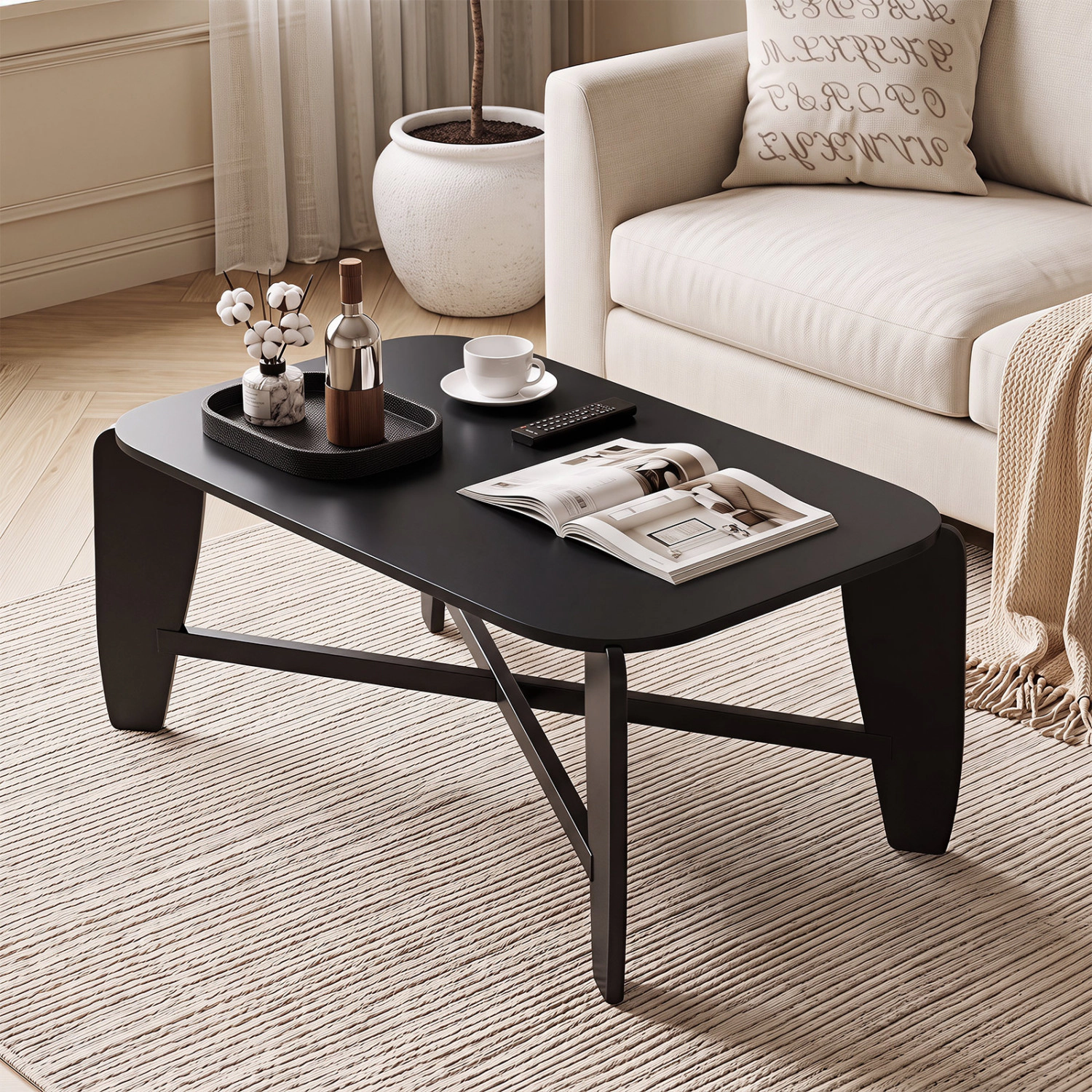 LJG Modern Coffee Table with Rubber Wood Cross-Leg Base Rectangular Center