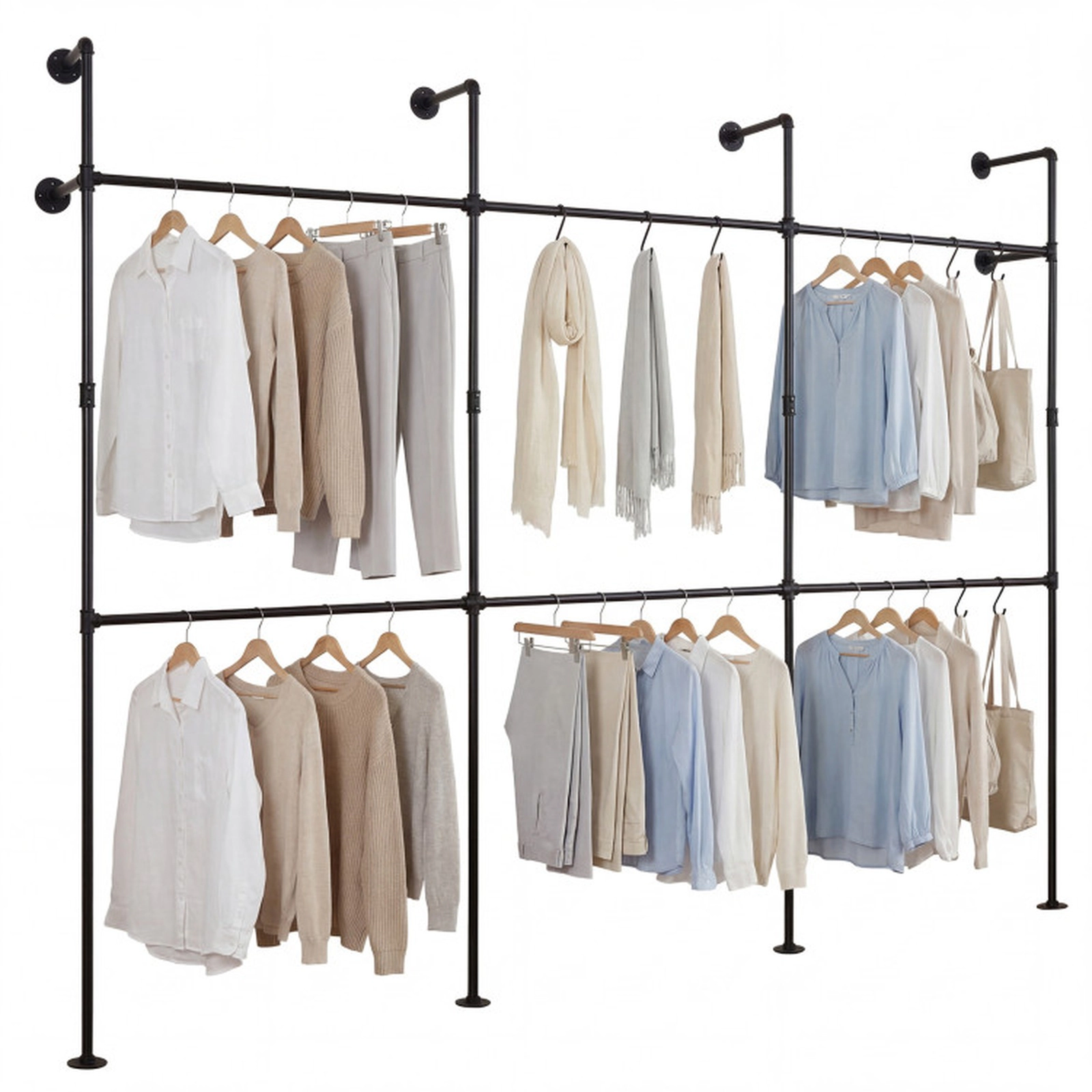 SUGIFT 6 Hanging Rods Double-Tier Wall Mounted Pipe Clothing Rack 118-in x 12.5-in x 89.5-in 45-lb per Rod Black