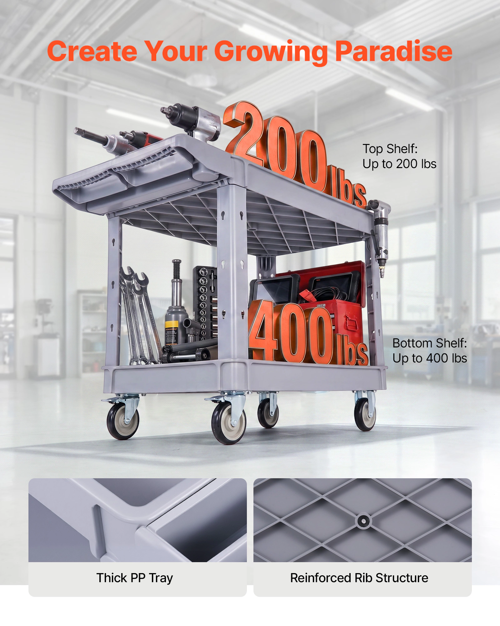HONGGE Utility Cart 550 lbs Capacity 2 Tier Service Cart with 360° Swivel & Fixed Wheels 2 with Brakes Heavy Duty