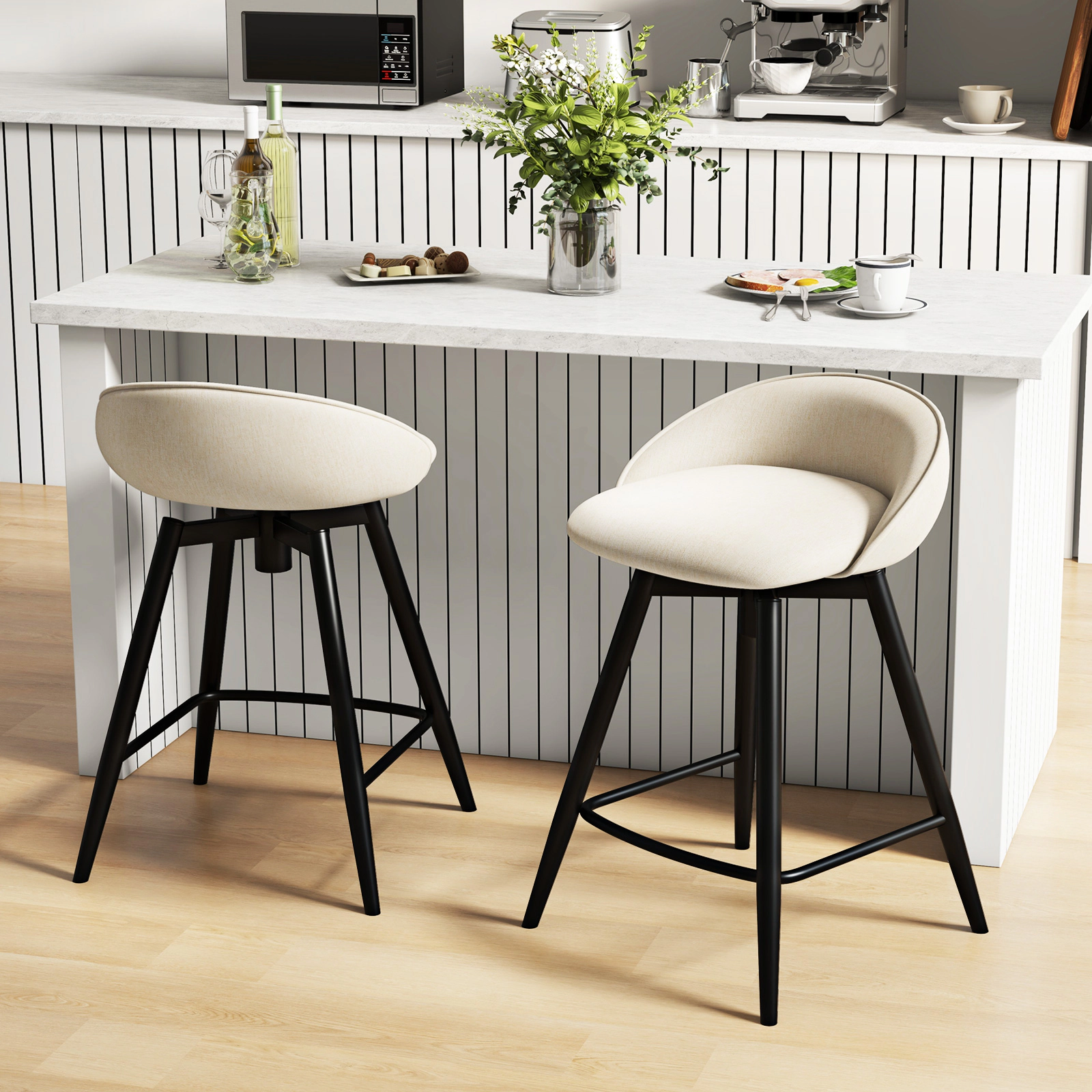 SUGIFT Set of 2 Linen Swivel Counter-Height Bar Stools, 330-lb Capacity, 25-in Seat, 7.5-in Footrest