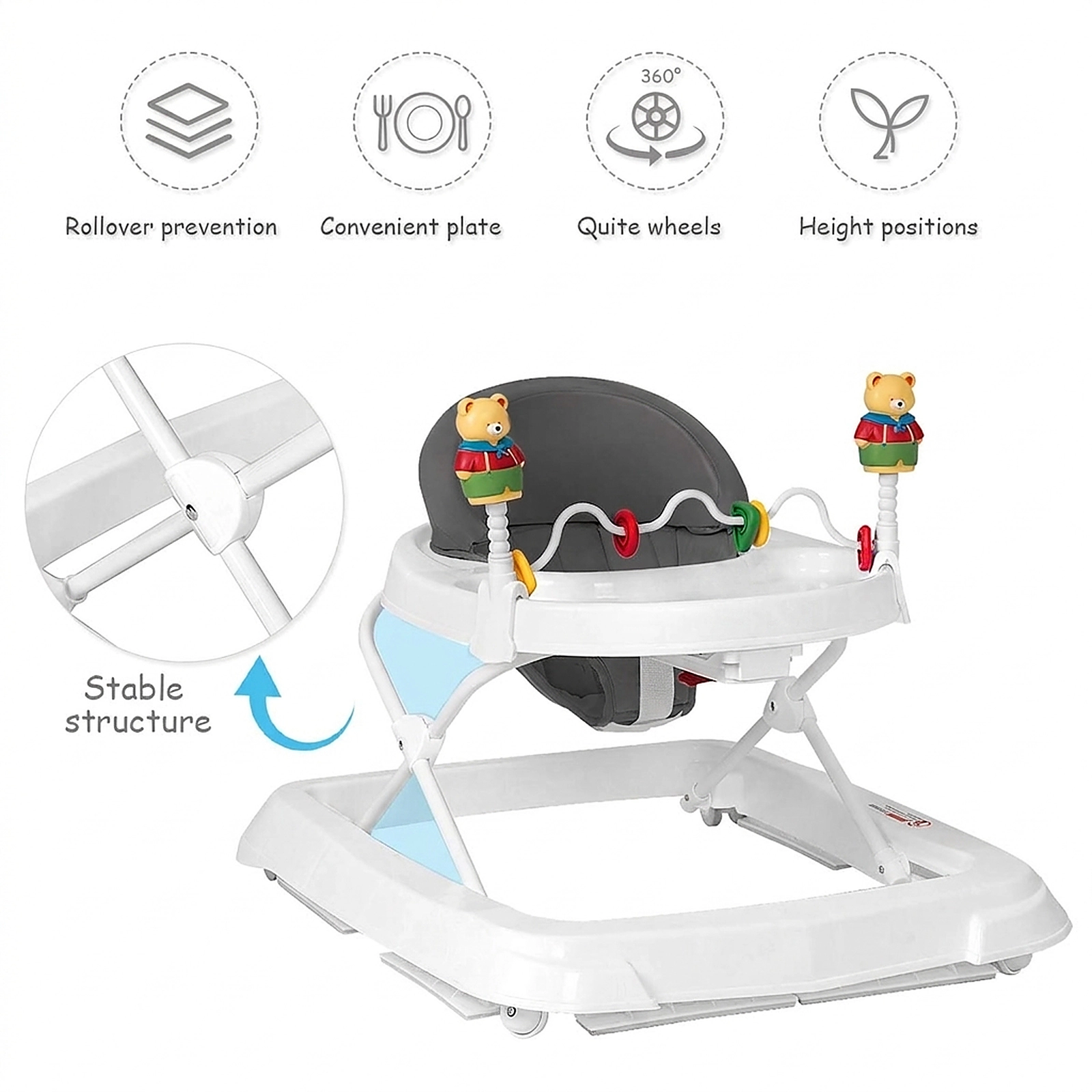SUGIFT Gray 3 Adjustable Heights and Detachable Padded Seat Foldable Baby Walker
