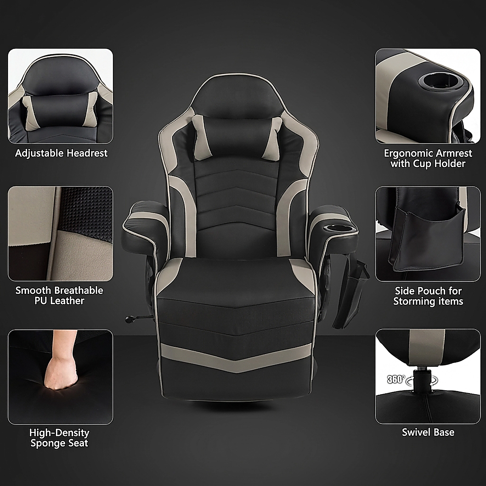 SUGIFT Ergonomic High Back Massage Gaming Recliner Chair with Pillow 264.5-lb Capacity Gray