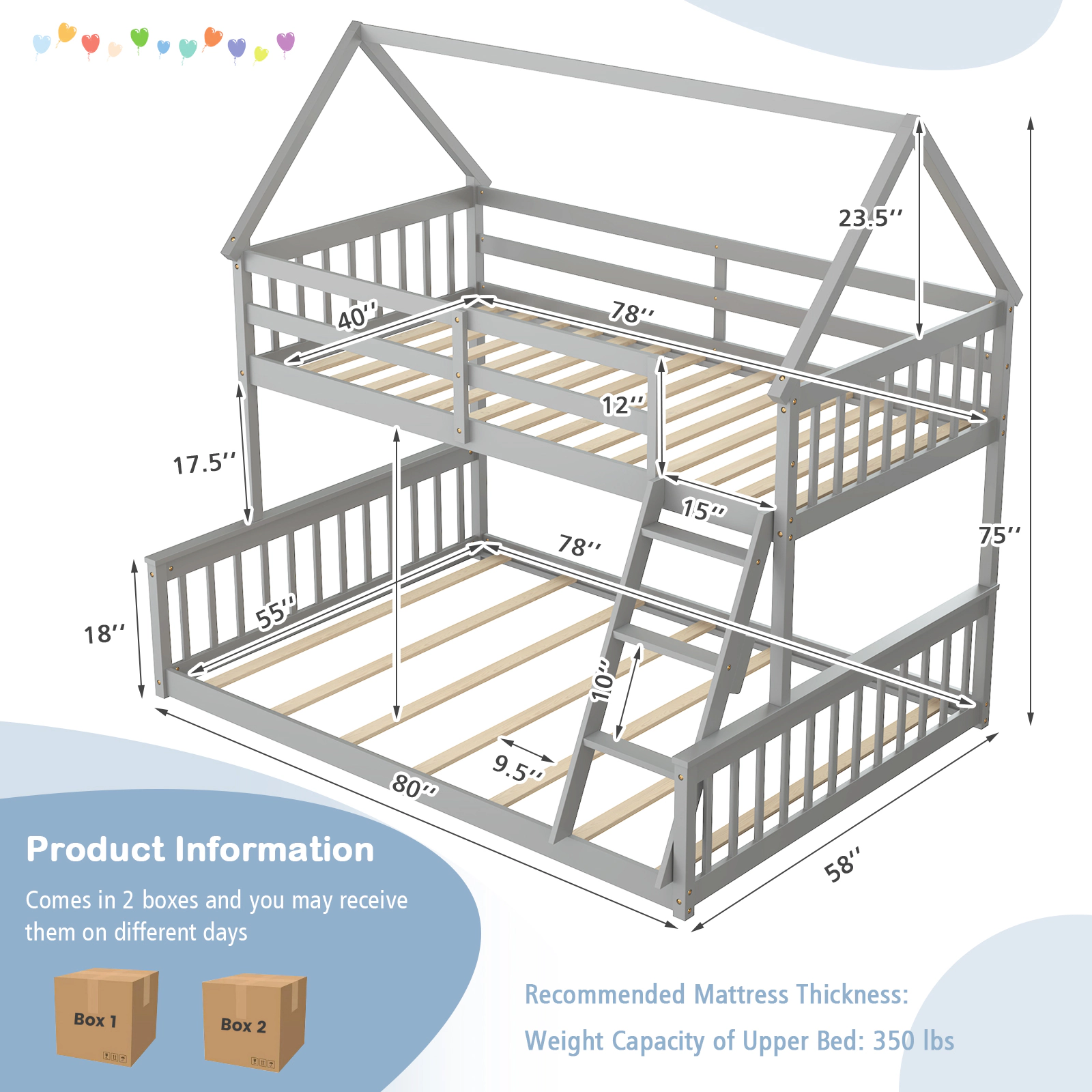 SUGIFT Gray Ladder Roof Frame and Guardrails Twin Over Full Kids House Bunk Bed