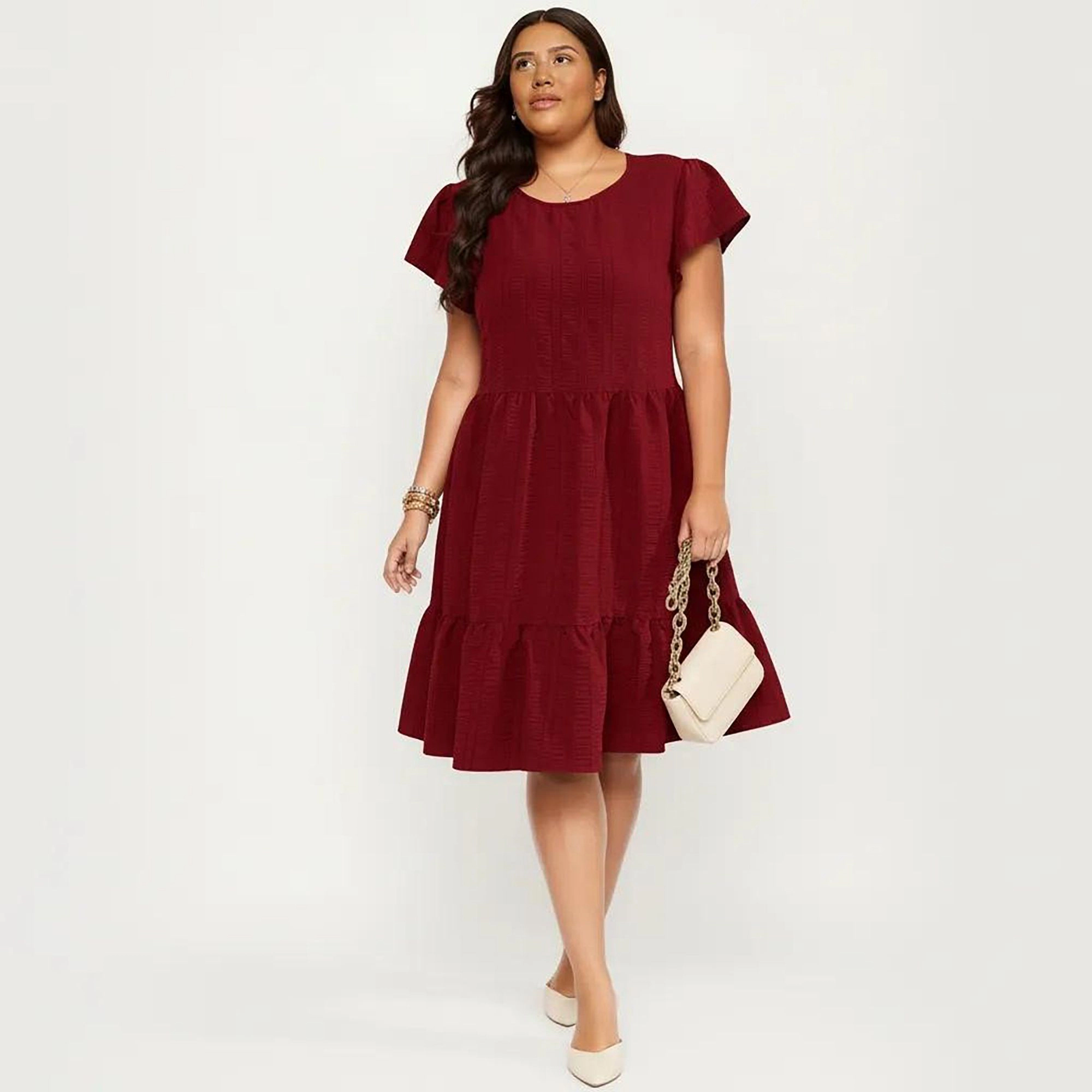 Anna-Kaci Women's Plus Textured Crew Neck Tiered Skirt Ruffle Sleeve Detail Flowy Babydoll Fit Dress