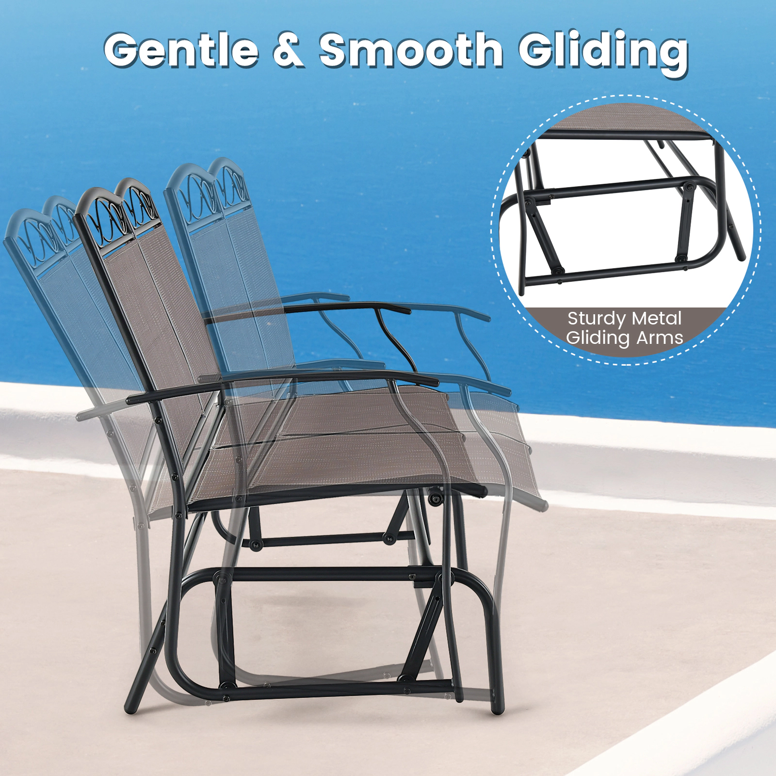 SUGIFT Outdoor Gliding Loveseat Conversation Set with Tempered Glass Coffee Table 800-lb Loveseat Capacity Brown + Black