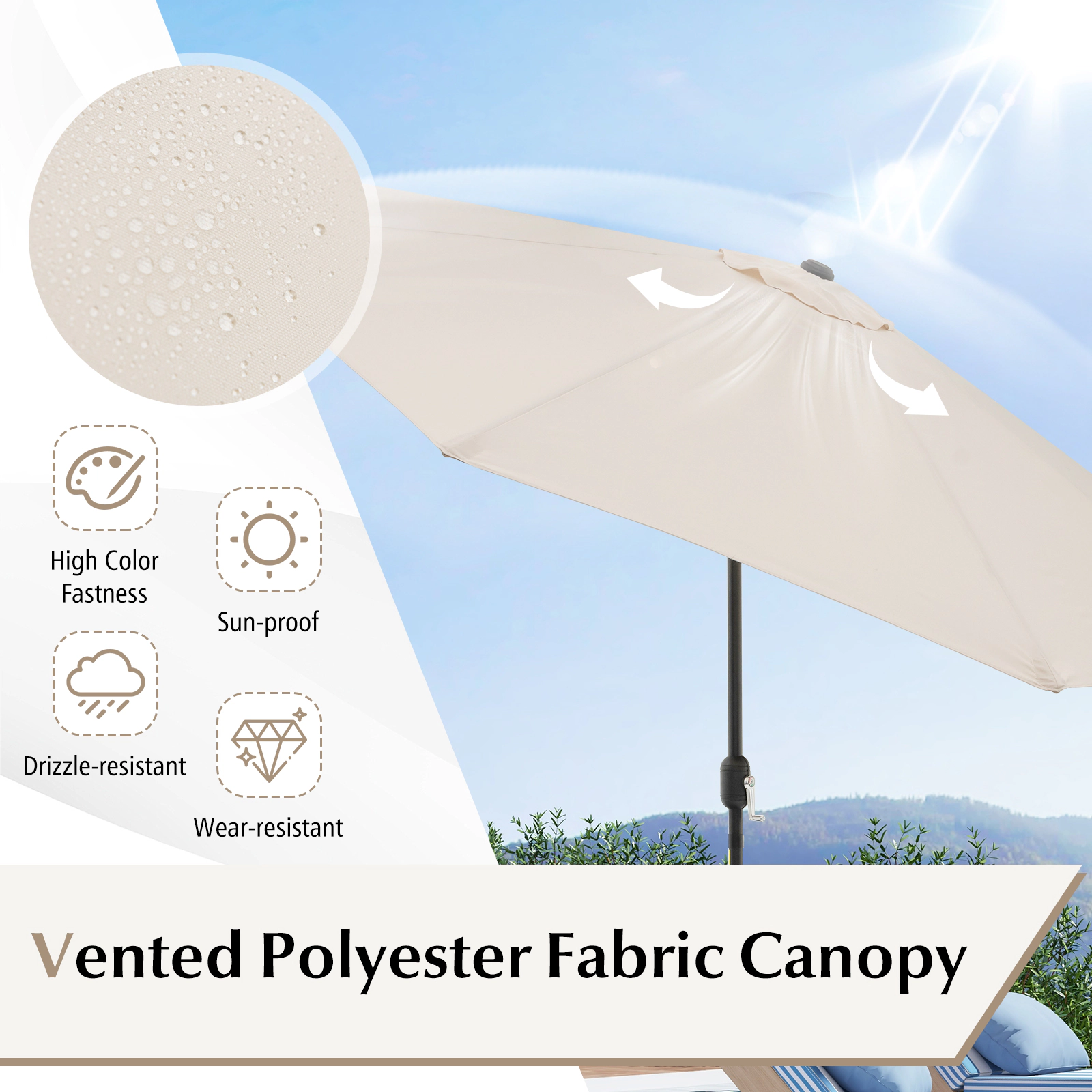 SUGIFT 10-Ft Steel Outdoor Patio Umbrella with Hand-Crank Lift and Tilt Adjustment Beige