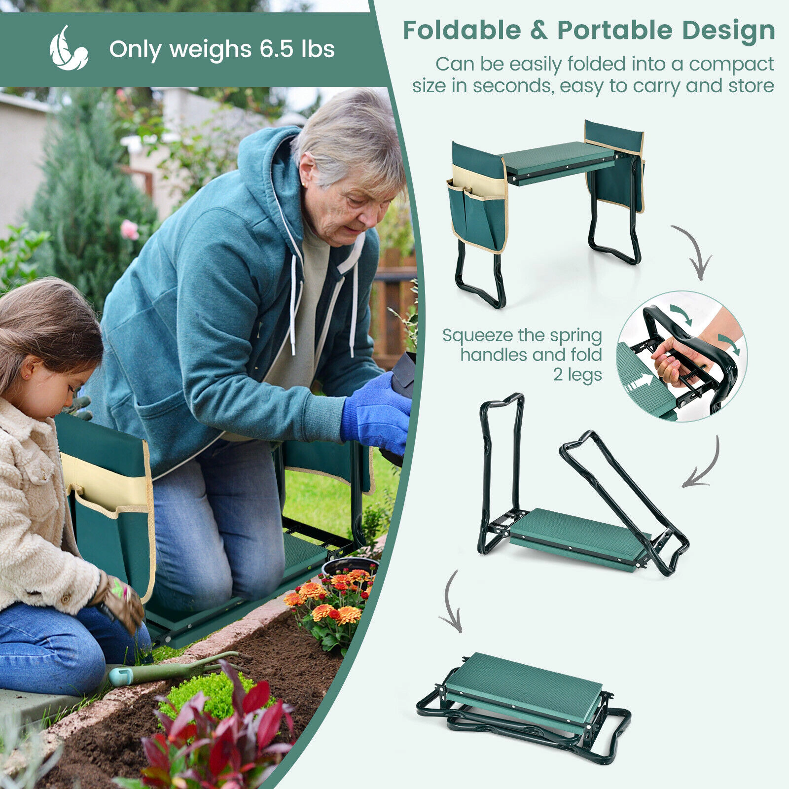 SUGIFT Folding 2-in-1 Garden Kneeler and Seat Bench 16 x 6-in EVA Foam Cushion 260-lb Capacity 23 x 11 x 20-in Green