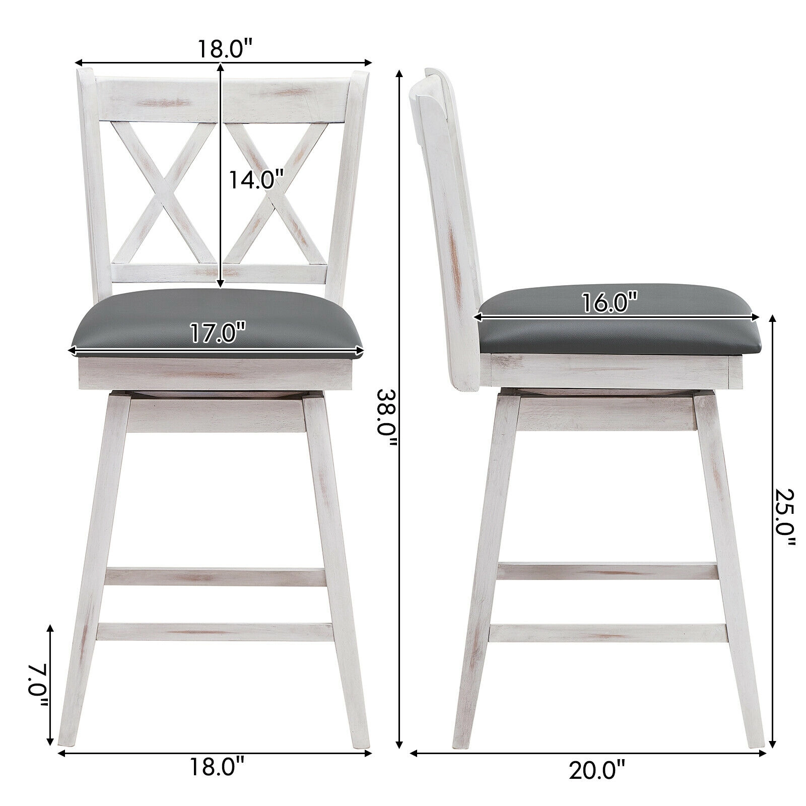 SUGIFT 2-Piece 24-in Swivel Counter Height Bar Stool Set Rubber Wood Legs 264-lb Capacity 18 x 20 x 38 in Black/White