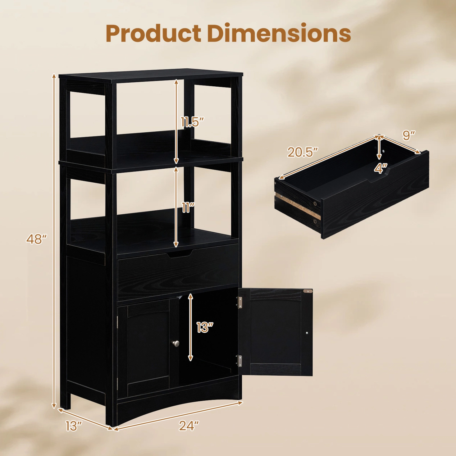 SUGIFT Black 110-lb Capacity 48-in Bathroom Storage Cabinet with 3 Open Shelves Pull-Out Drawer and 2 Doors