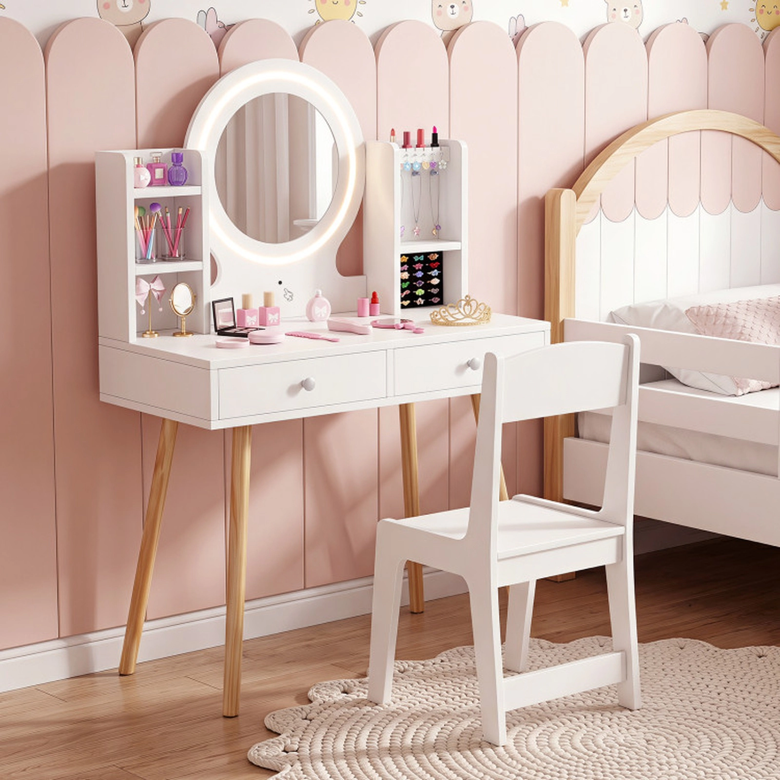 SUGIFT Lighted Kids Vanity Set Mirror, Storage Drawers & Chair 110-lb Tabletop Capacity 155-lb Chair Capacity Ages 3+