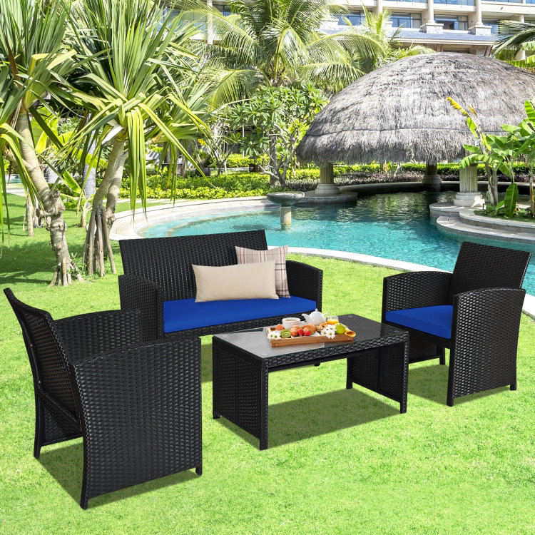 Hivvago 4 Pieces Rattan Patio Furniture Set With Weather Resistant Cushions And Tempered Glass Tabletop