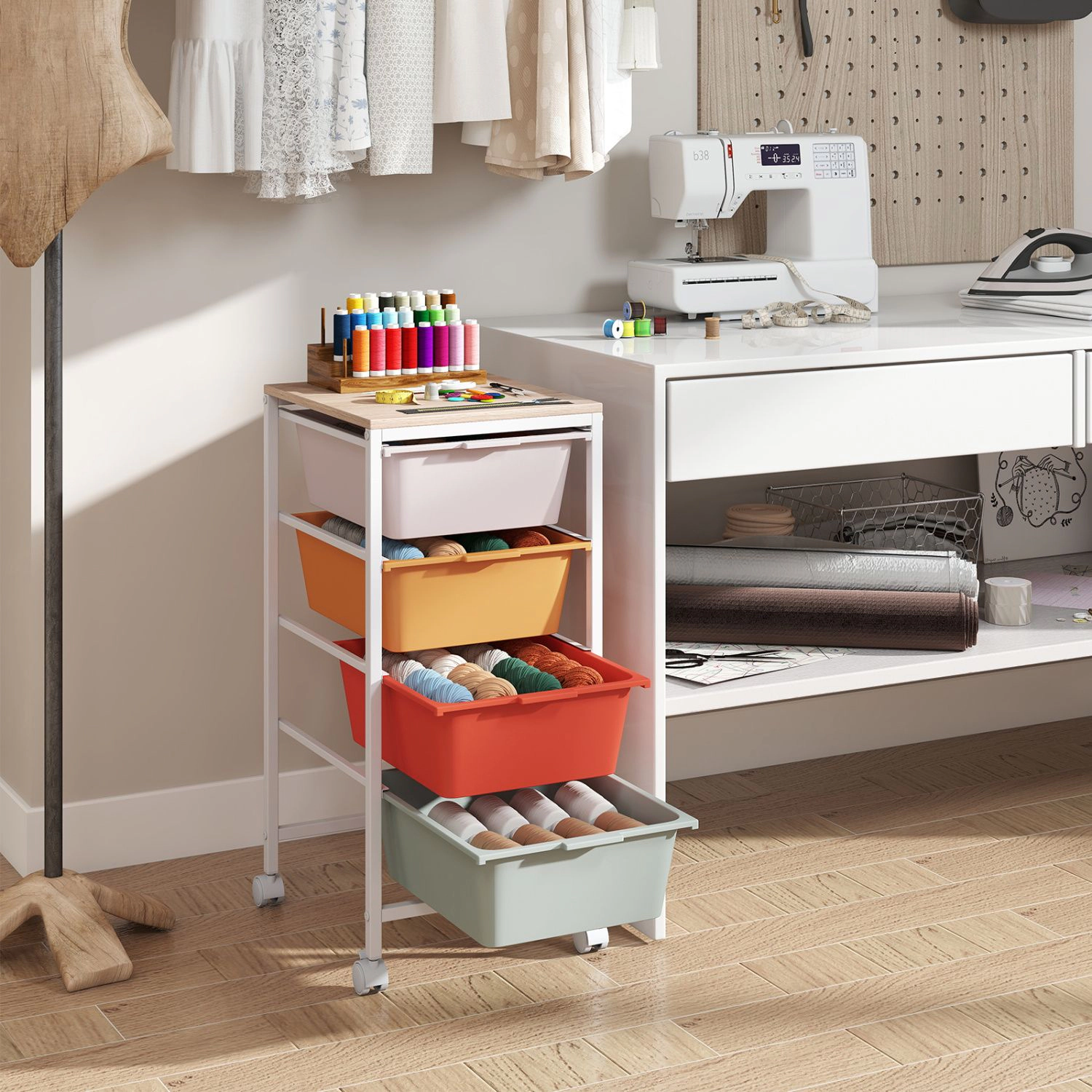 SlickBlue 4 Drawer Rolling Storage Cart with Wooden Top for Office Home Organization