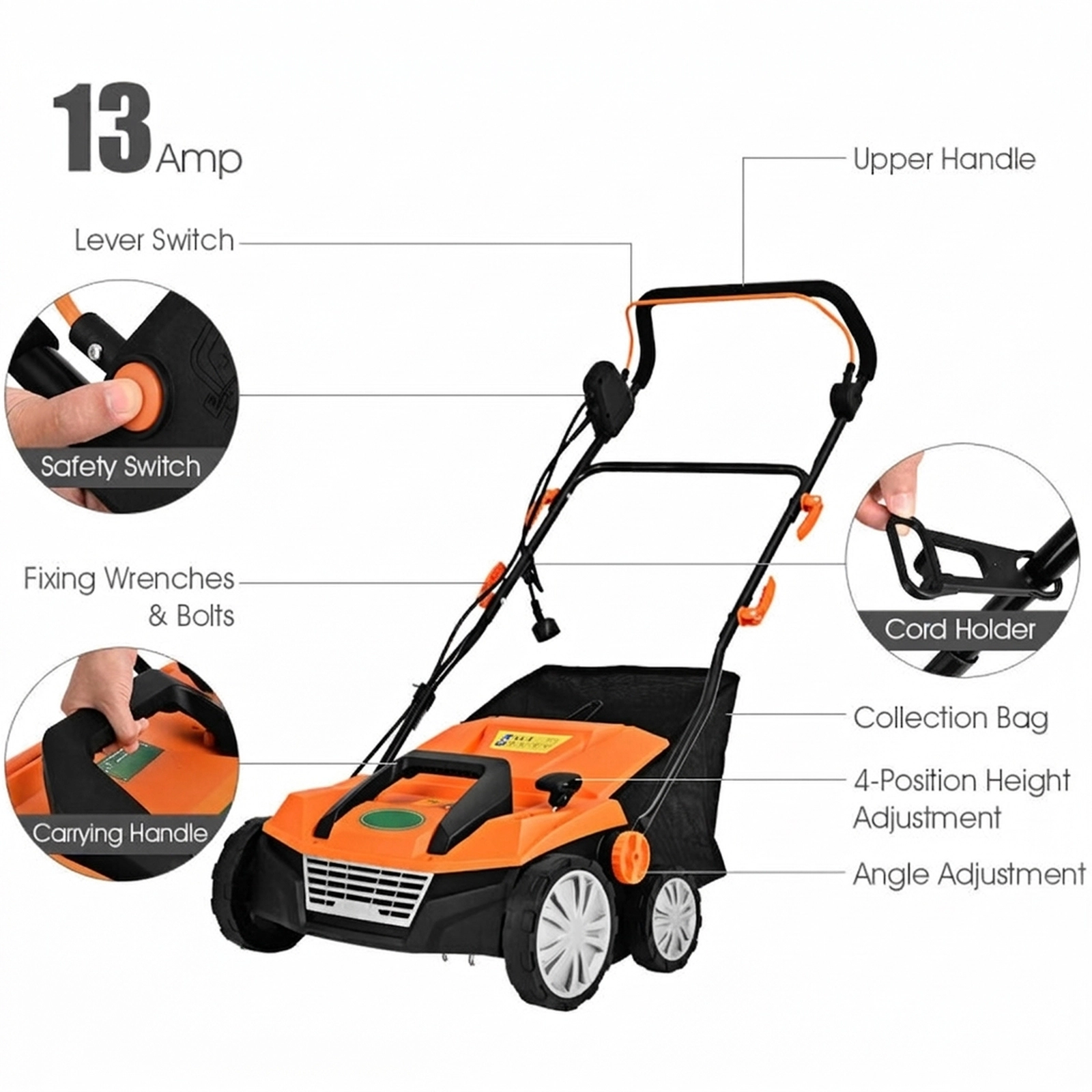 SUGIFT 15-in Orange 13-Amp Electric Lawn Scarifier with 50-L Collection Bag 49-in W 23-in D 34-in H