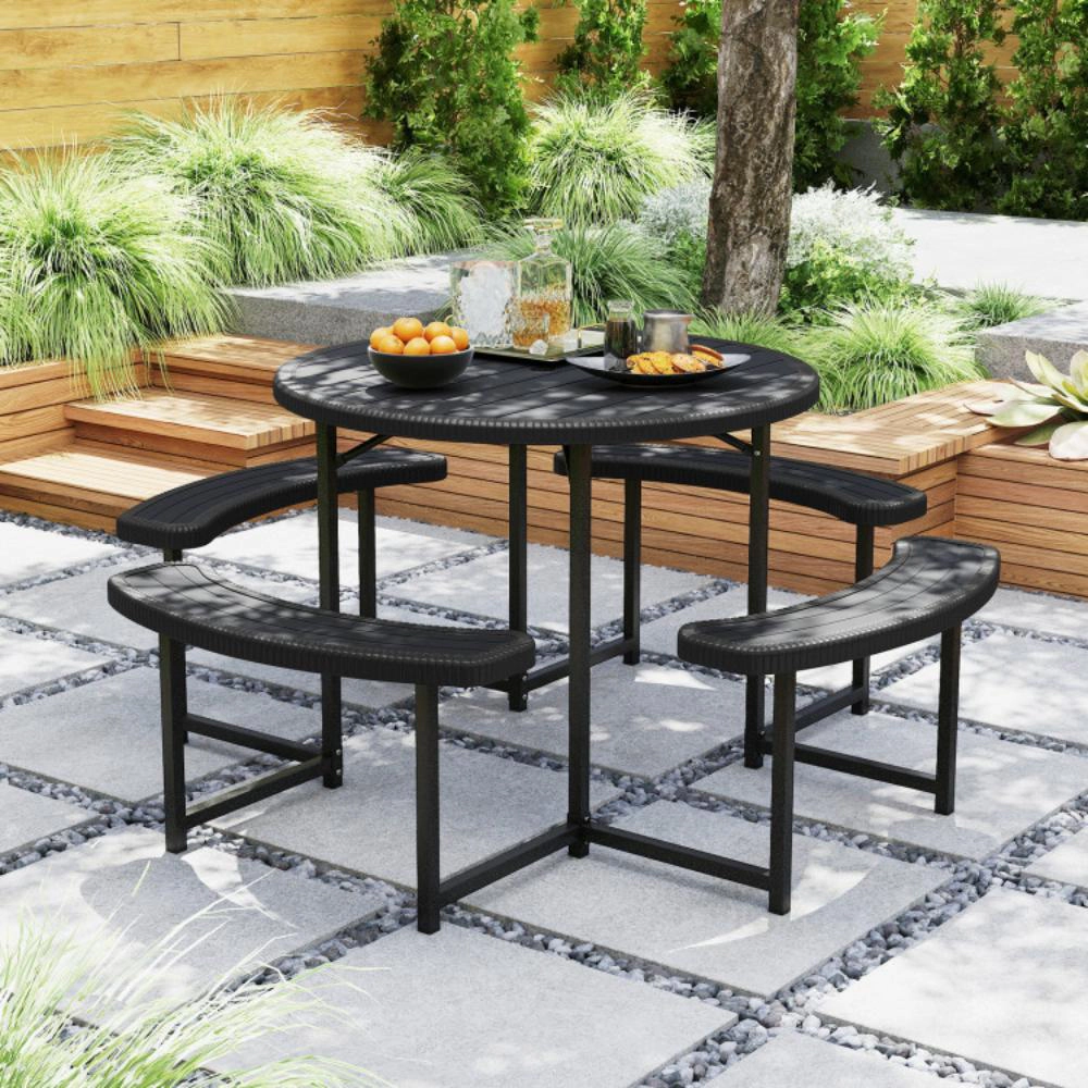 Hivvago Round Picnic Table Bench Set With 4 Benches And Umbrella Hole For Patio Lawn