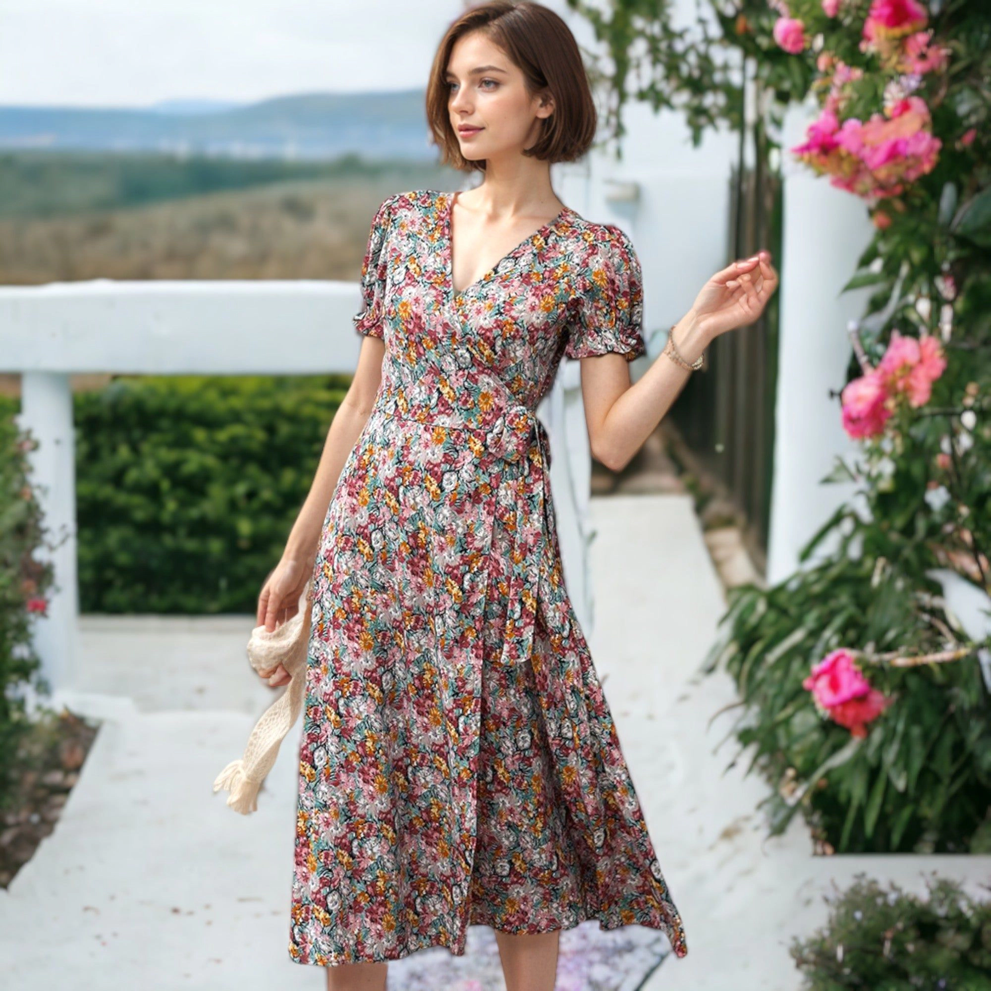 Anna-Kaci Surplice V-Neck Floral Midi Dress with Puff Sleeves