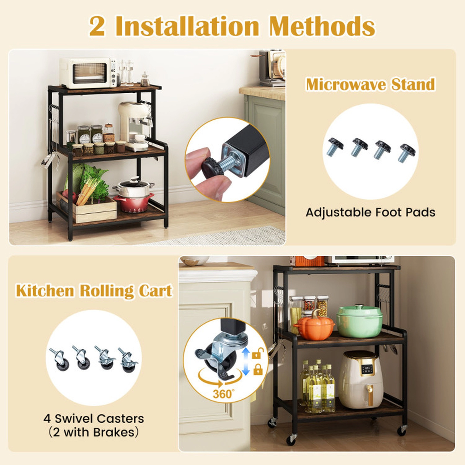SUGIFT 3-Tier Rolling Microwave Cart with Power Outlet, Lockable Wheels and 10 Hooks 286-lb Capacity Rustic Brown