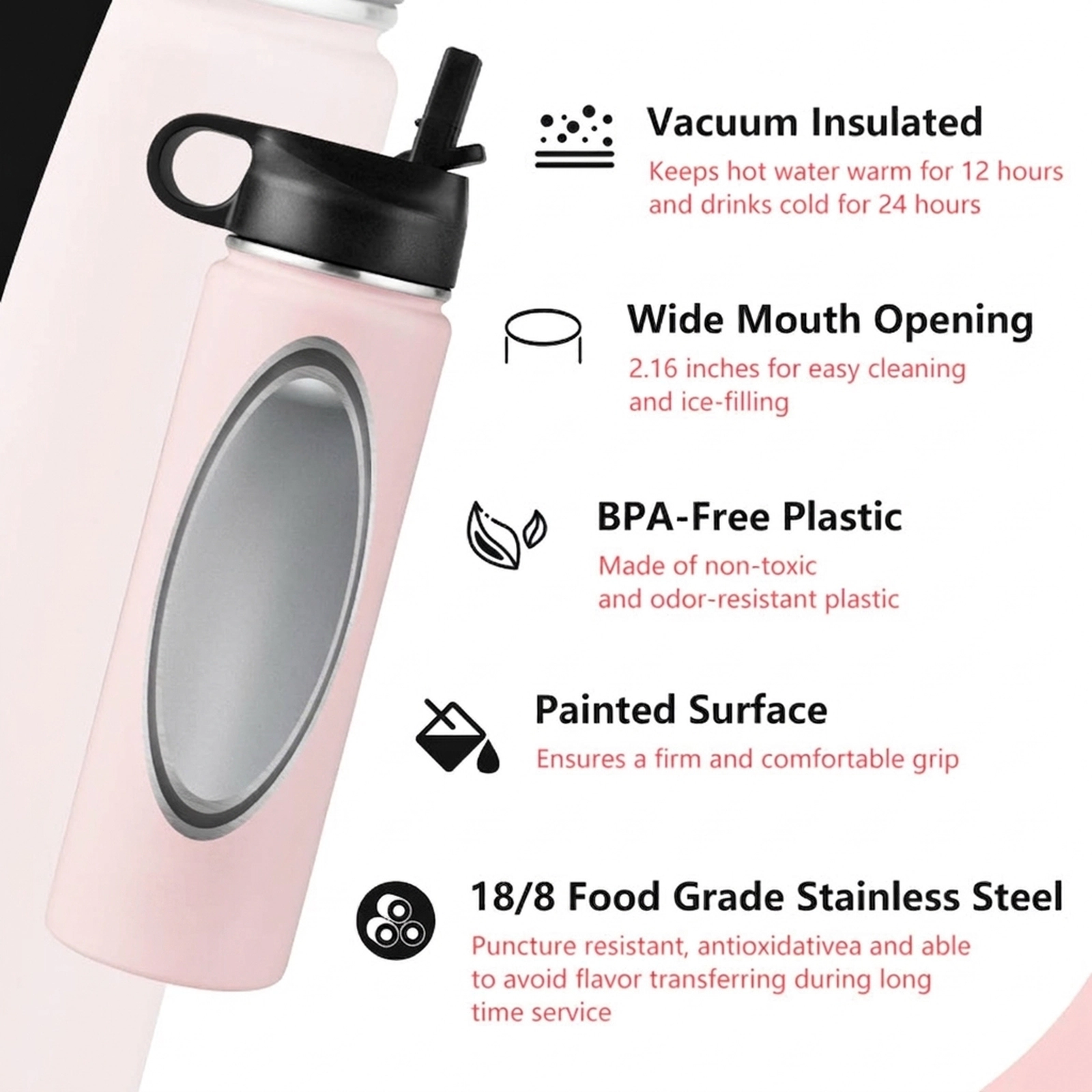 SUGIFT Pink 22-oz Double-Wall Vacuum Insulated Stainless Steel Water Bottle with 2 Lids and Straw