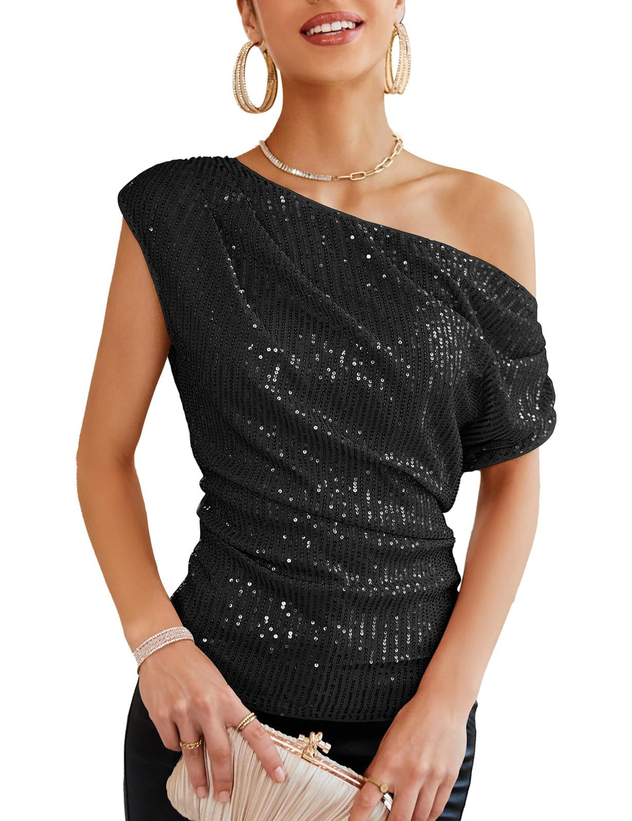 One Shoulder Sequin Sparkly Tops for Women Ruched Asymmetrical Glitter Slimming Sparkle Party Shirts