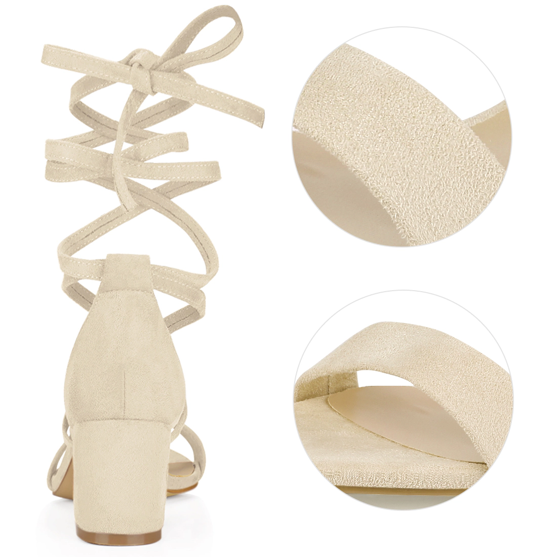 BLISSFUL STEP Women's Open Toe Lace Up Mid Chunky Heeled Sandals