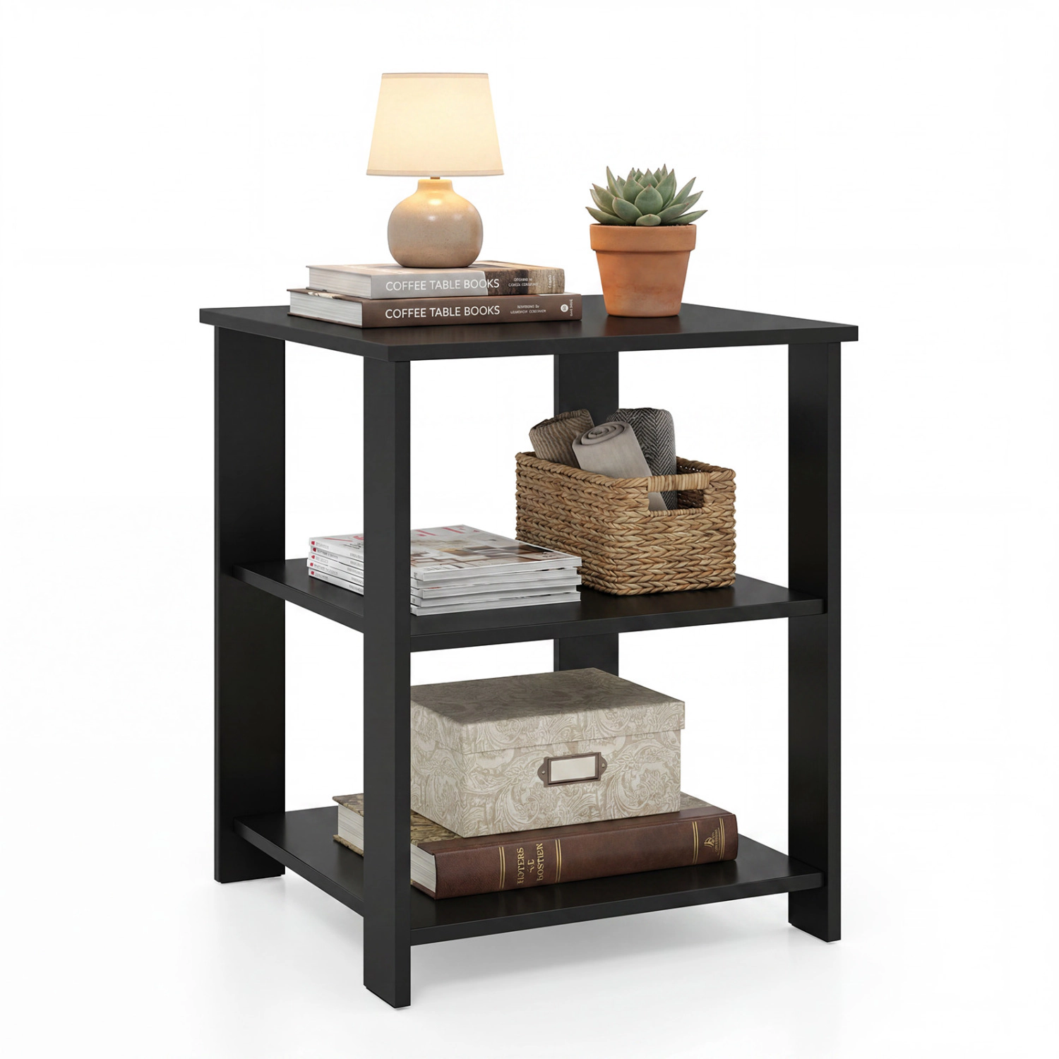 Glintex 3-Tier Square Nightstand with Open Shelves and Scratch-Resistant Finish