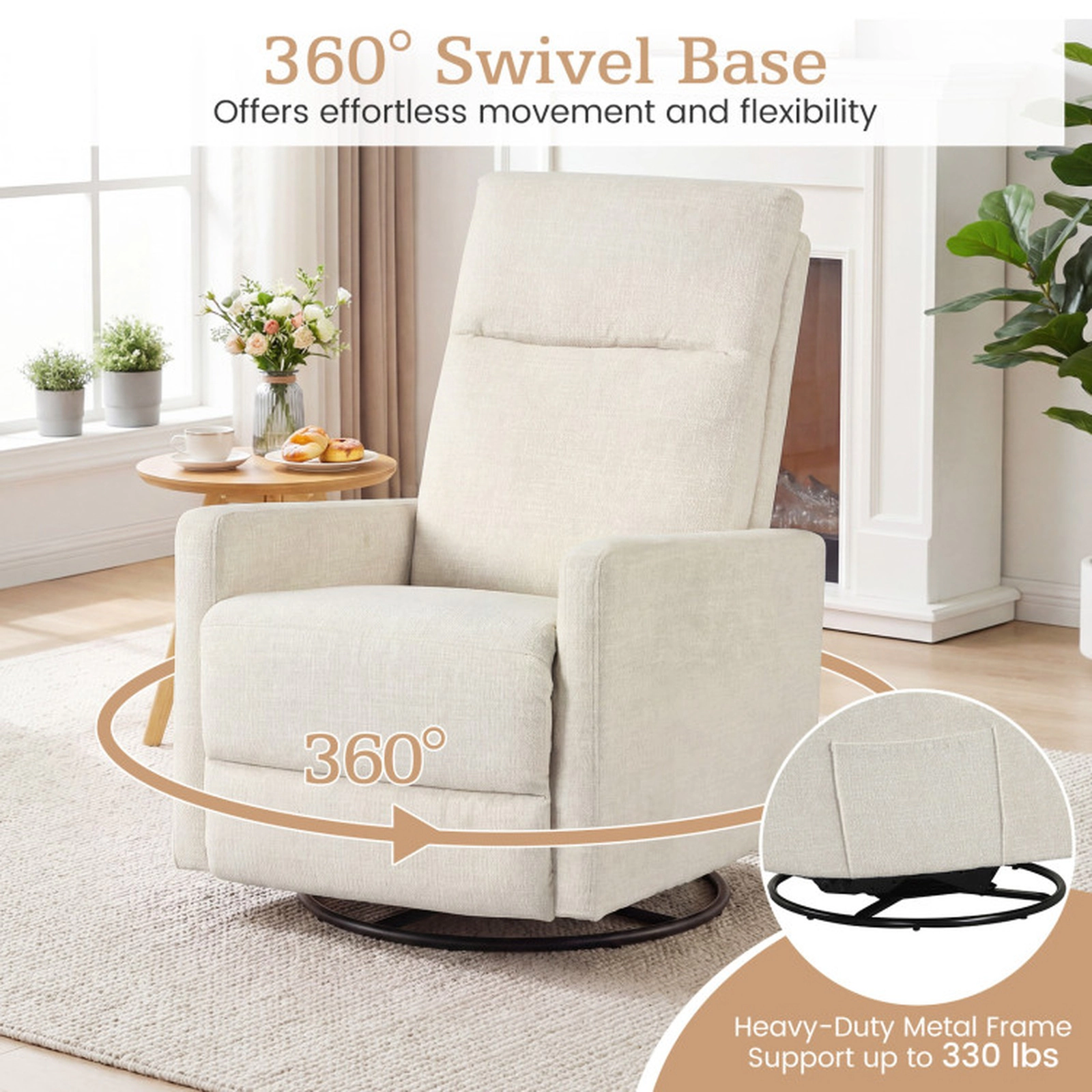 SUGIFT 360-Degree Swivel Reclining Upholstered Nursery Rocking Chair 35.5-in x 24.5-in x 38-in 330-lb Capacity Beige