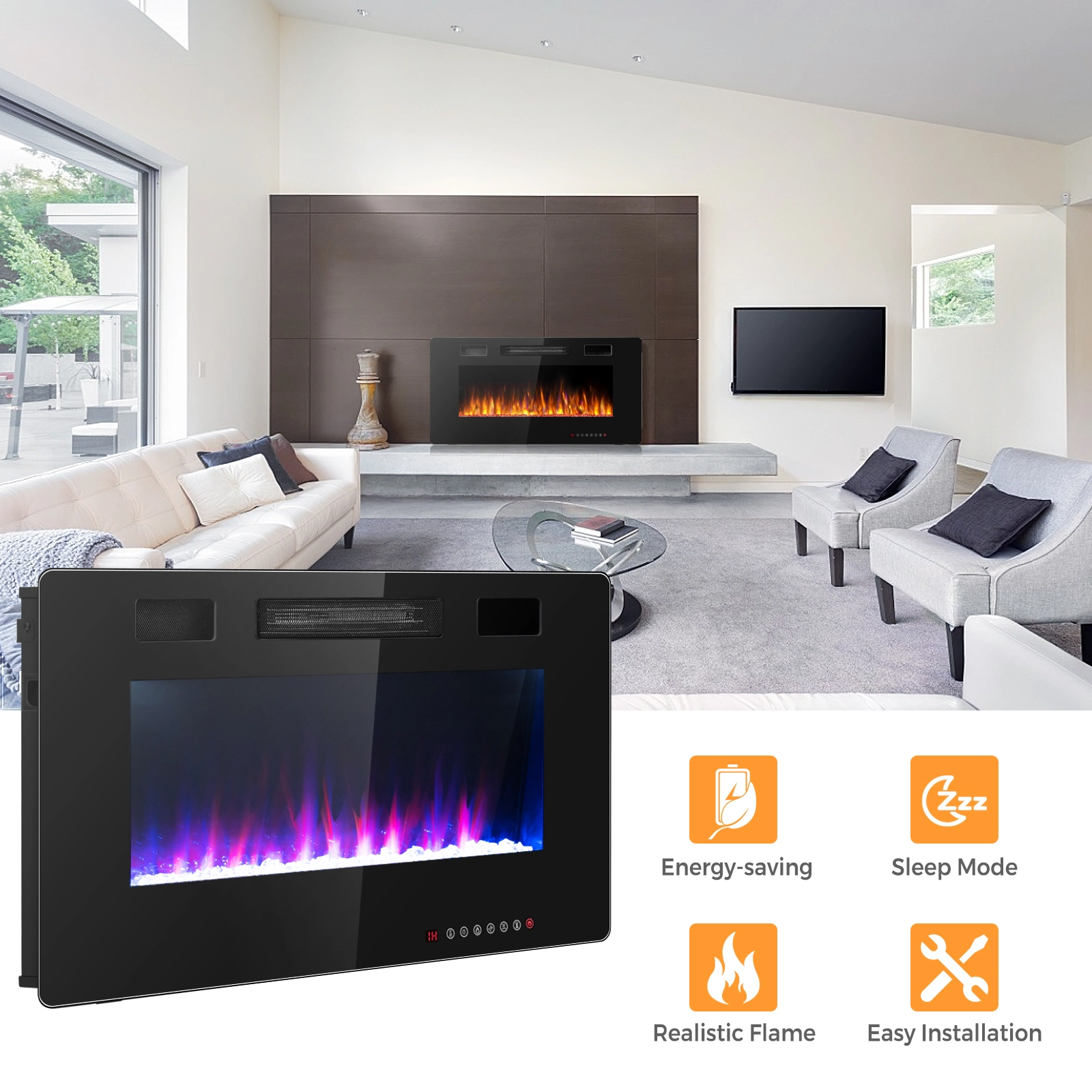SlickBlue Wall Mounted Electric Fireplace with Adjustable Flames
