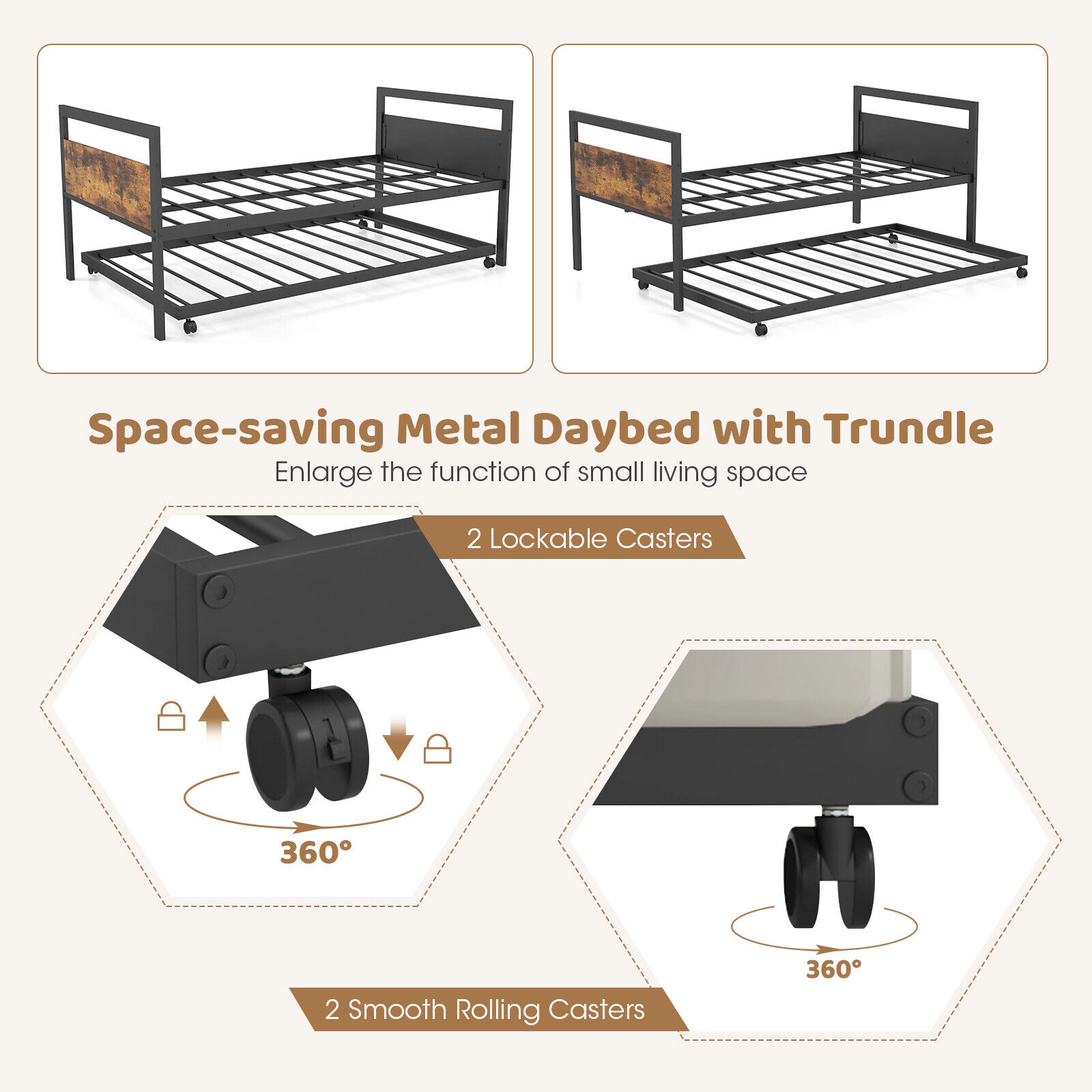 SUGIFT Twin Daybed Trundle Lockable Wheels Twin Size 550-lb Sofa Capacity 265-lb Trundle Capacity Rustic Brown & Black