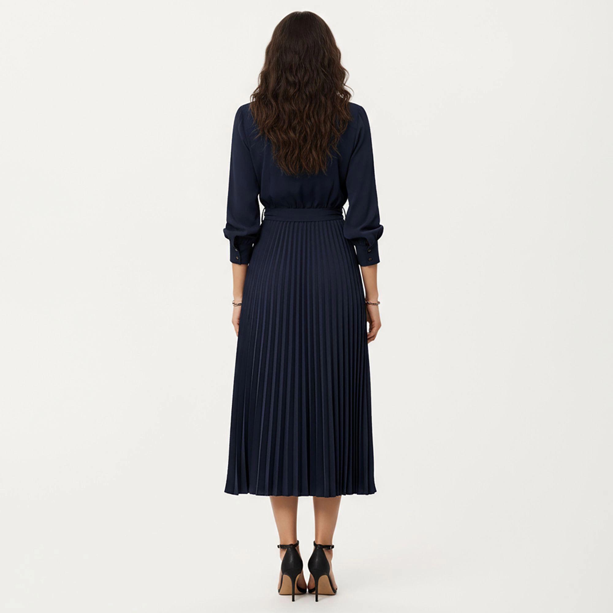 Anna-Kaci Women's Long Sleeve Pleated Skirt Structured Wrap Front Collar Detail Belted Waist Dress