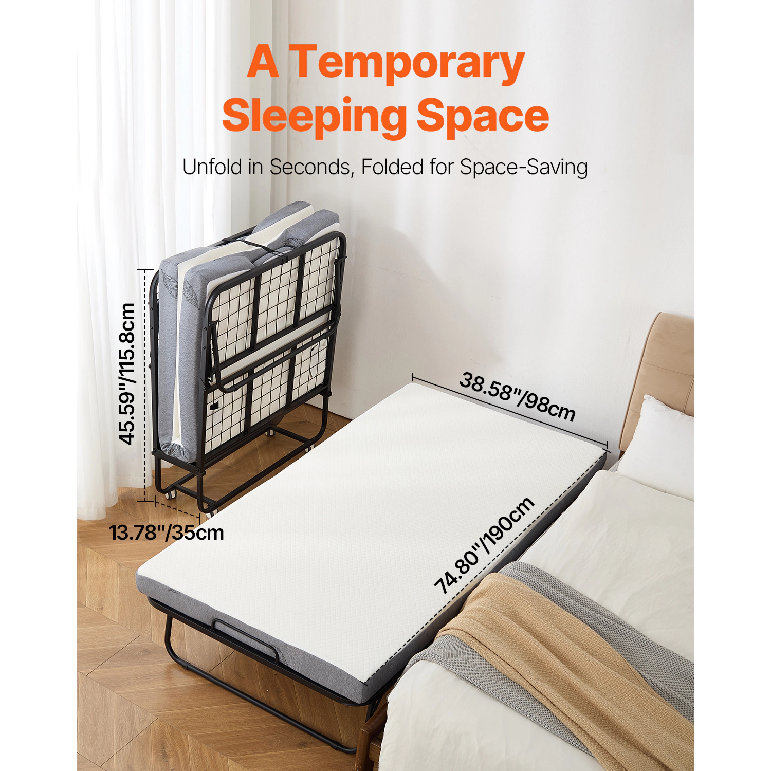 HONGGE Twin Rollaway Bed with 4 in Memory Foam Mattress, Foldable Guest Bed on Wheels, 450 lbs Capacity, 38 x 75 in