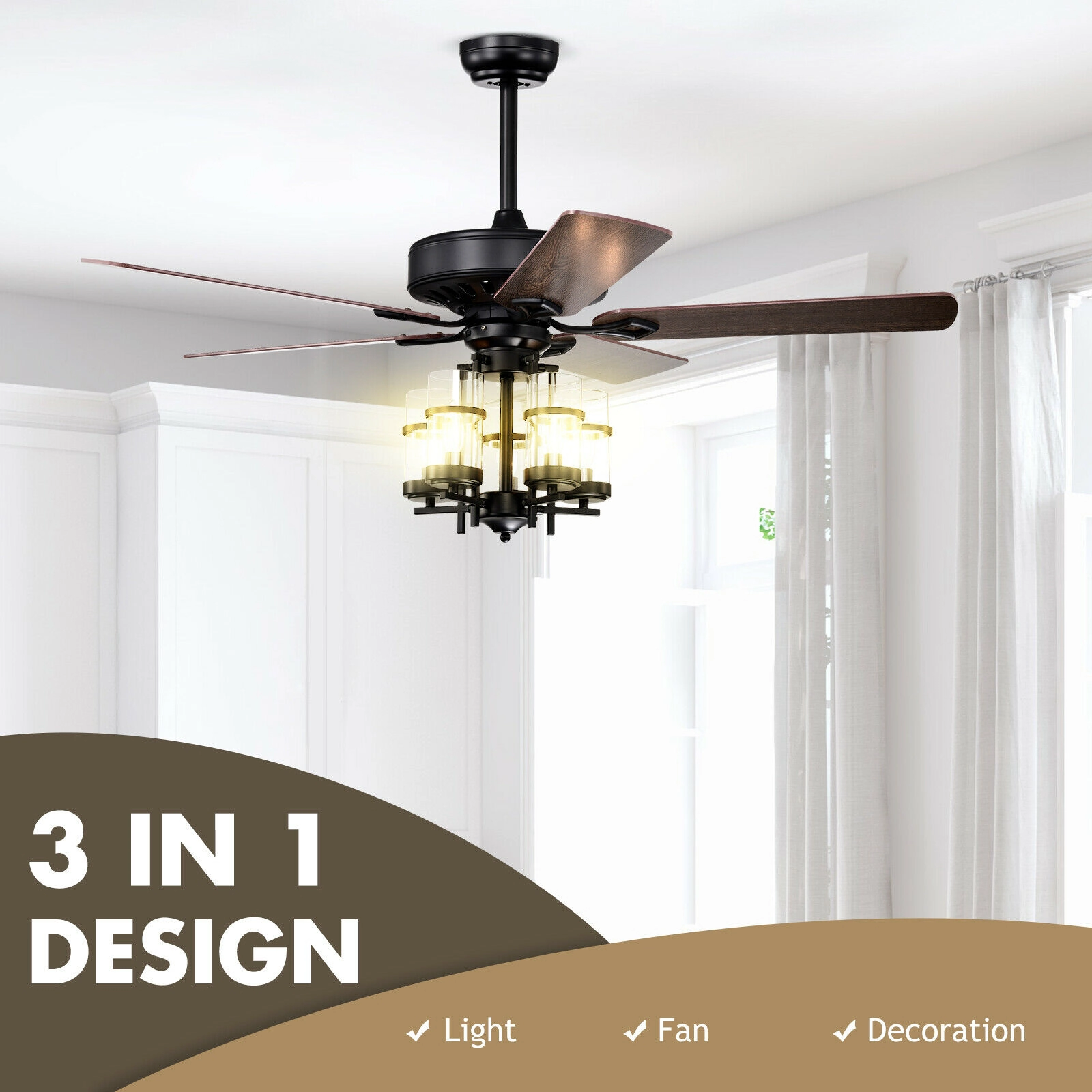 SUGIFT 50-in Reversible 5-Blade Ceiling Fan Light with Explosion-Proof Glass Lampshades 3-Speed Remote-Controlled Black