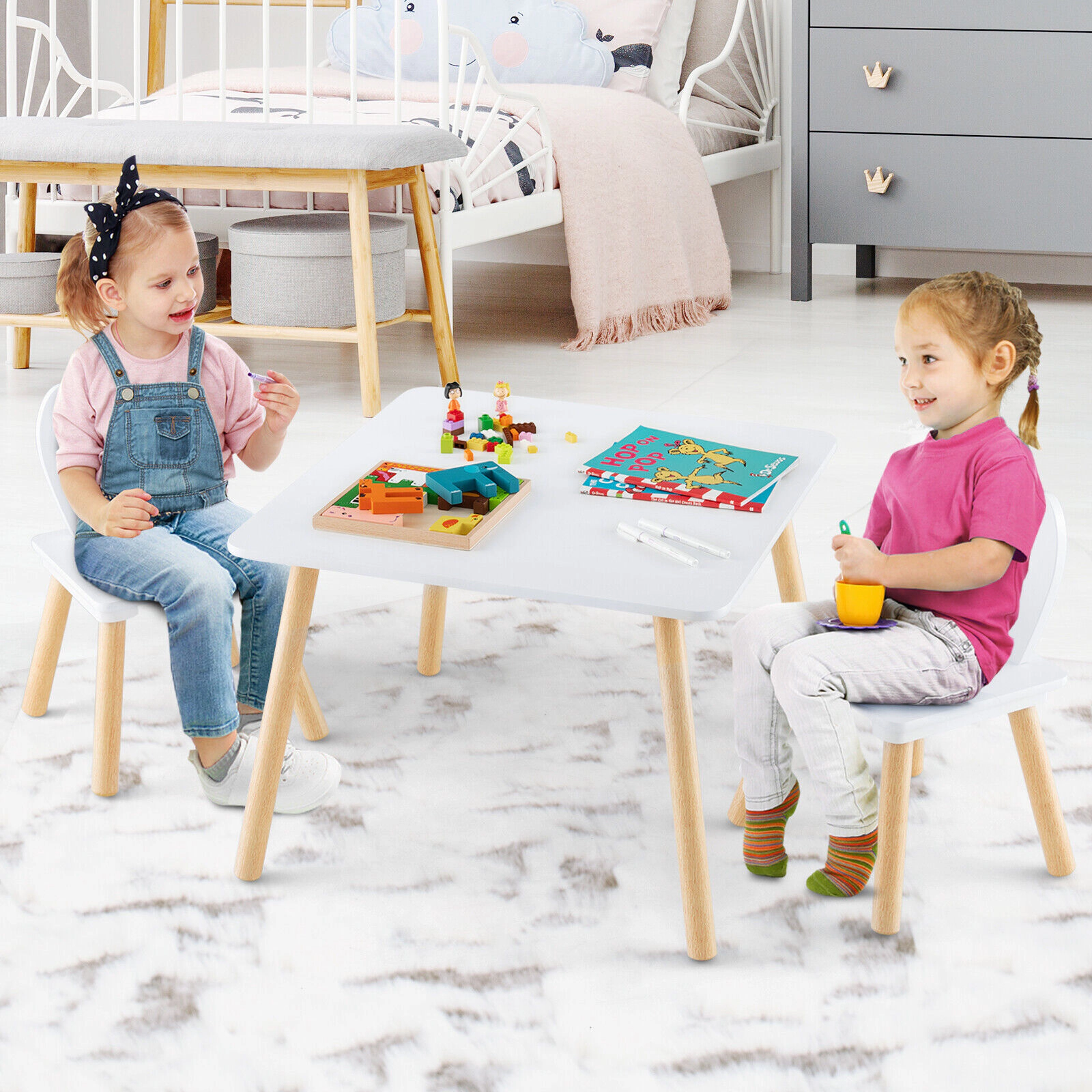 SUGIFT White Bunny Ear Backrests for Arts Crafts and Snacks 3-Piece Kids Table and Chairs Set