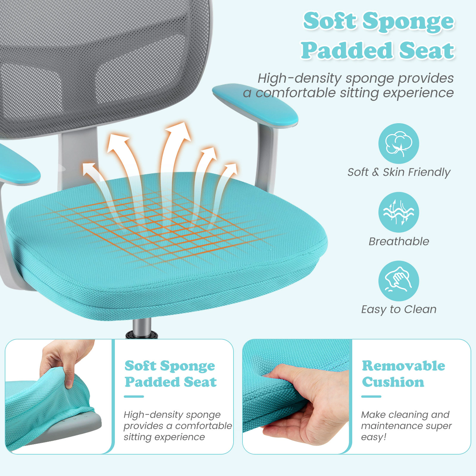 SUGIFT Kids Desk Chair, Adjustable Ergonomic Study Chair with Mesh Back, Auto-Brake Casters, Turquoise