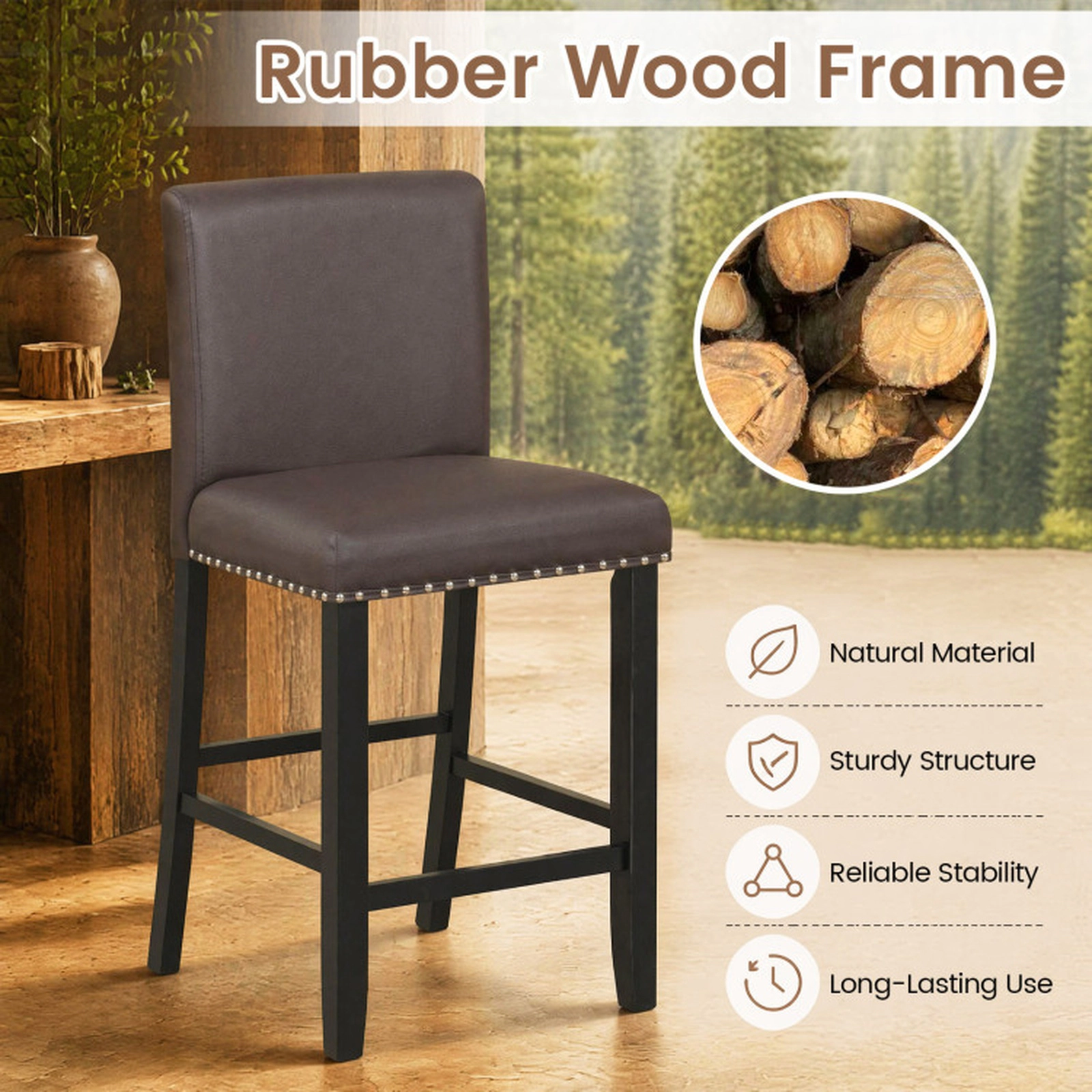 SUGIFT Set of 4 PVC Leather Nailhead Trim Counter Height Bar Stools 19-in x 20-in x 39-in 245-lb Capacity Brown