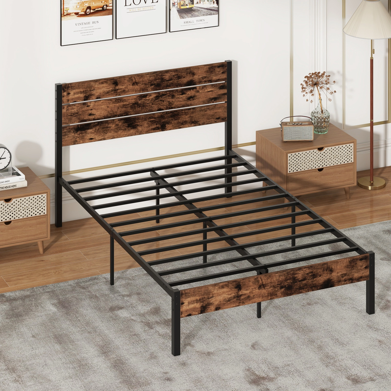 LJG Full/King/Queen/Twin Bed Frame with High Headboard and Mute Bar