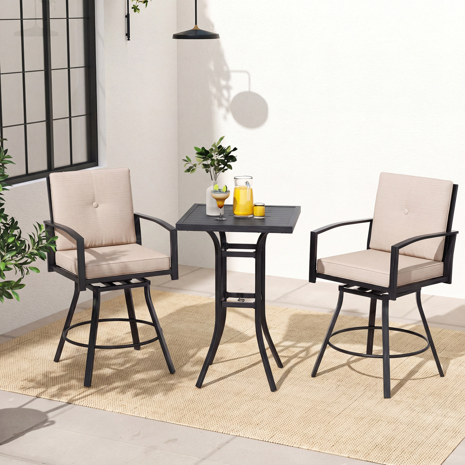 LJG 3 Pieces Patio Swivel Bar Set with Soft Cushions and Umbrella Hole
