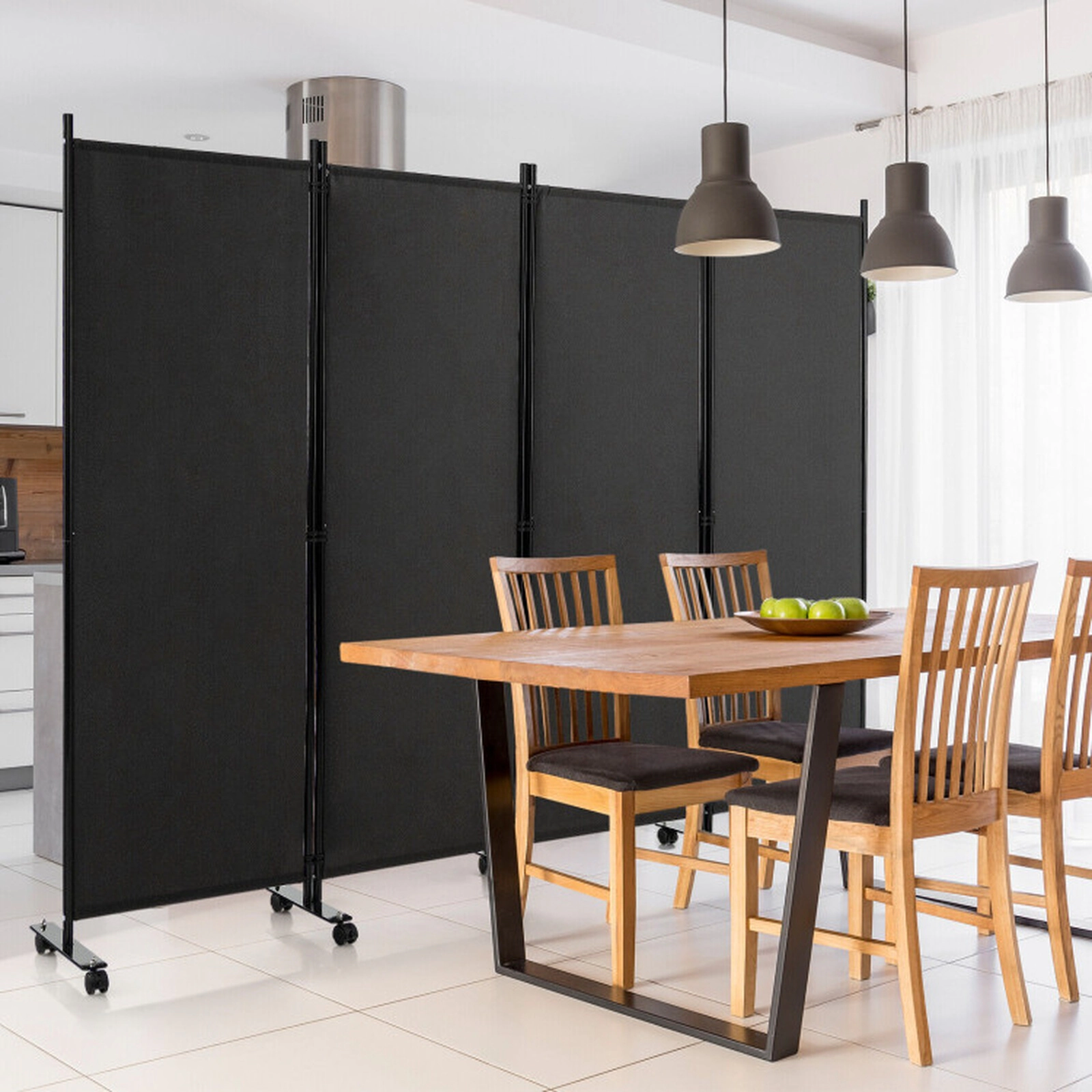 SUGIFT 4-Panel Lockable Casters Folding Privacy Screen Room Divider 89-in x 12-in x 68-in 10 Wheels 19-lb Black