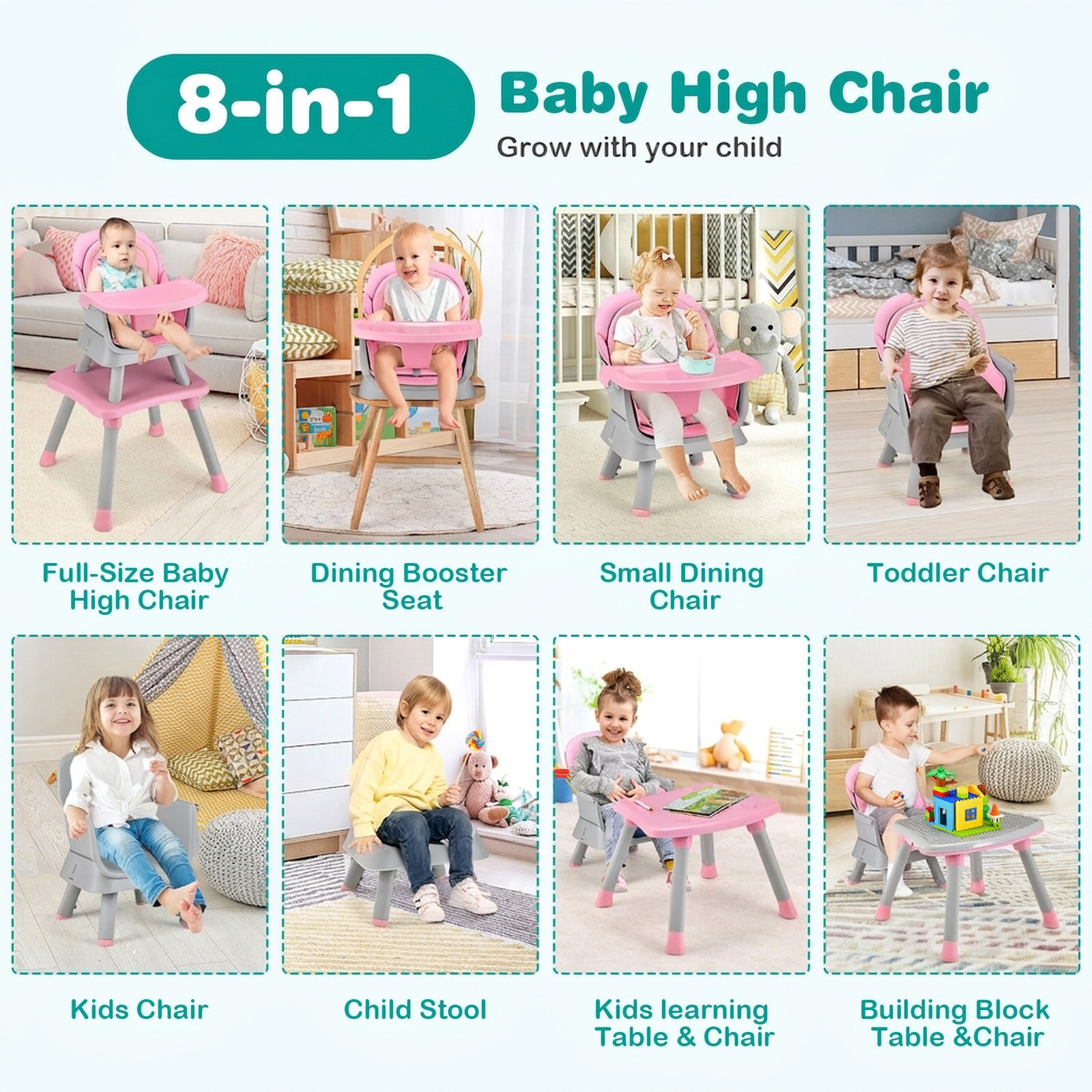 SUGIFT 6-in-1 Convertible Baby High Chair with Adjustable Removable Tray 55-lb Capacity Ages 6-36 Months Pink