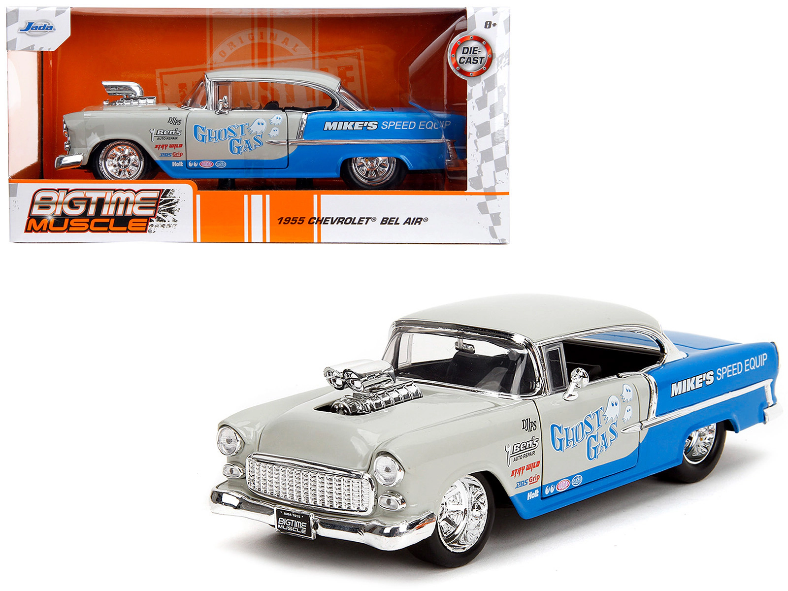 Jada 1955 Chevrolet Bel Air "Ghost Gas - Mike'S Speed Equip" Light Gray And Blue "Bigtime Muscle" Series 1/24