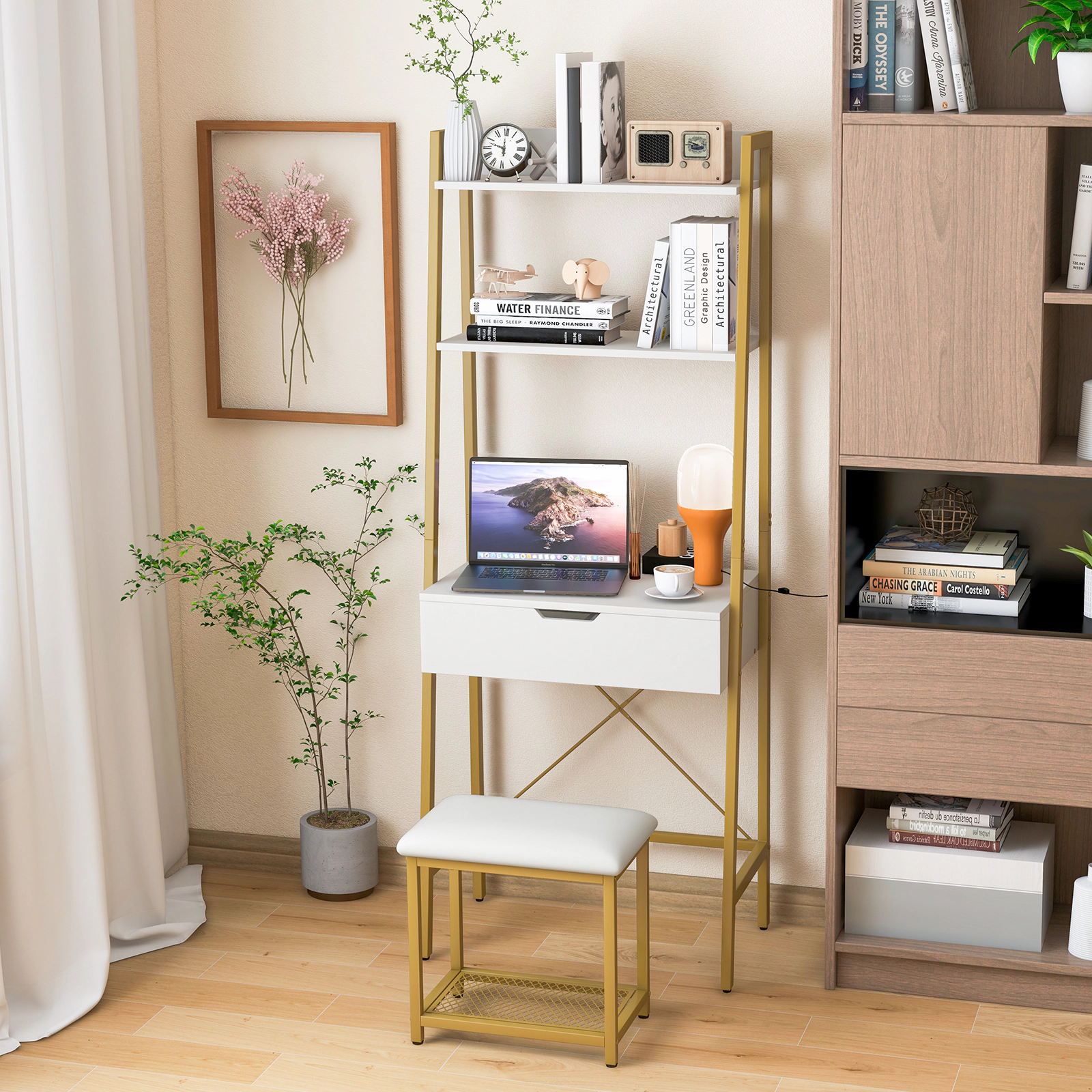 SUGIFT 2-Piece Ladder Vanity Desk Set with Flip-Top Mirror, Shelves and Stool
