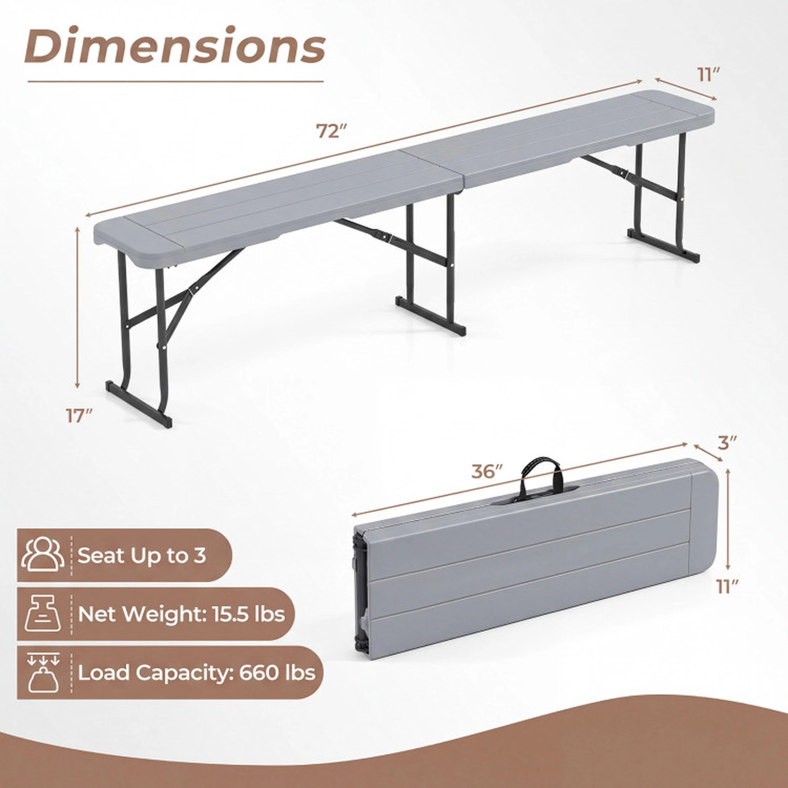 SUGIFT 6 ft Plastic Folding Bench Picnic Camping Dining Seat 660-lb Capacity 72-in Long with Carrying Handle Gray