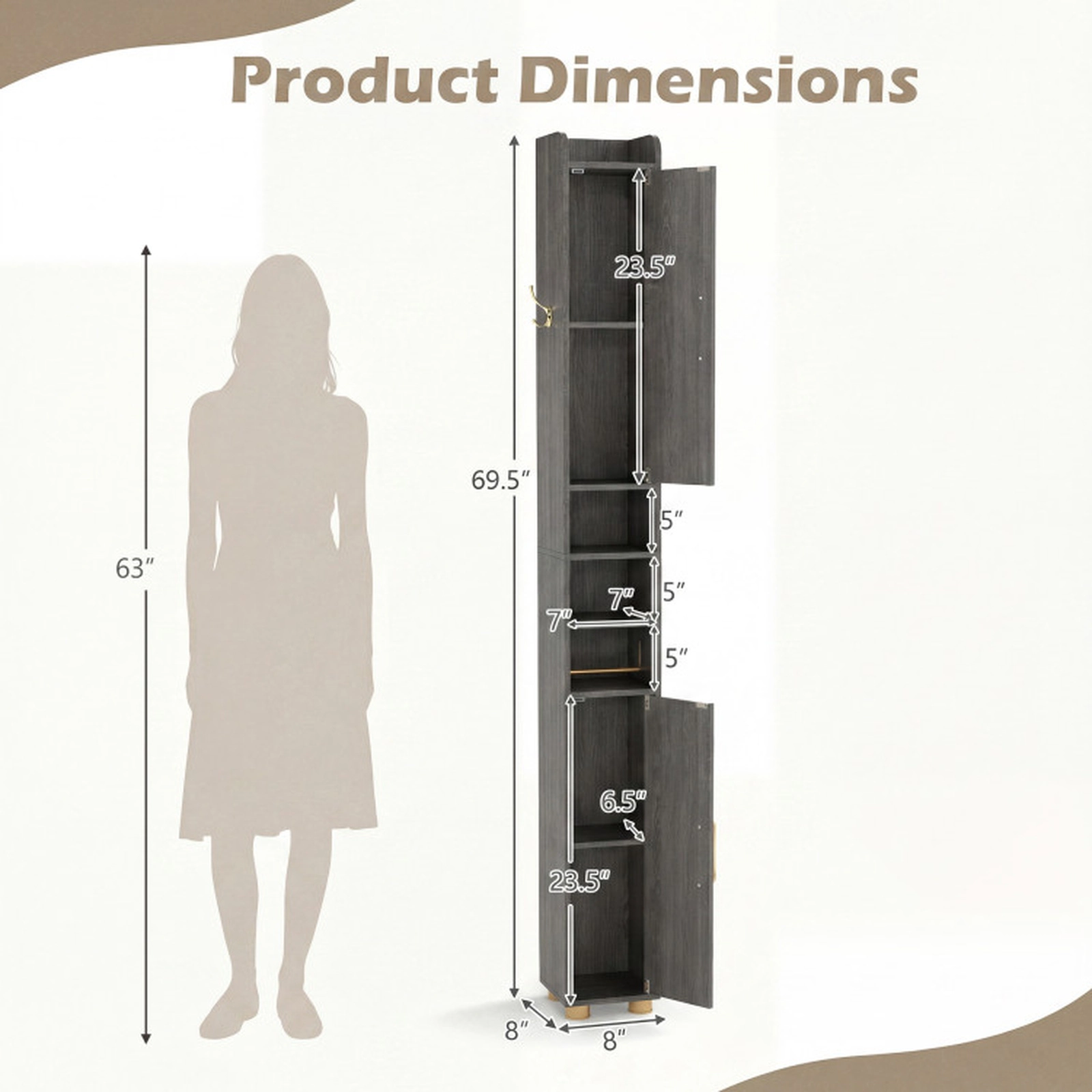 SUGIFT Narrow Bathroom Storage Cabinet with Open Shelves and Toilet Paper Holder 11-lb Shelves 4.5-lb Hook Gray