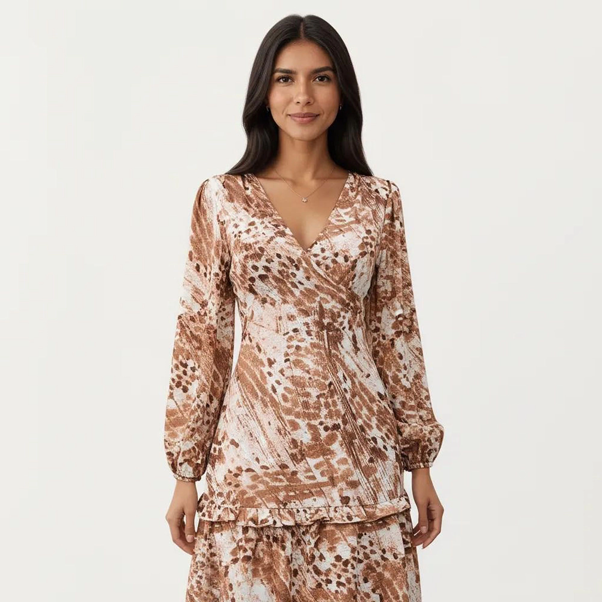 Anna-Kaci Women's Brown Animal Print Long Sleeve V Neck Tiered Dress