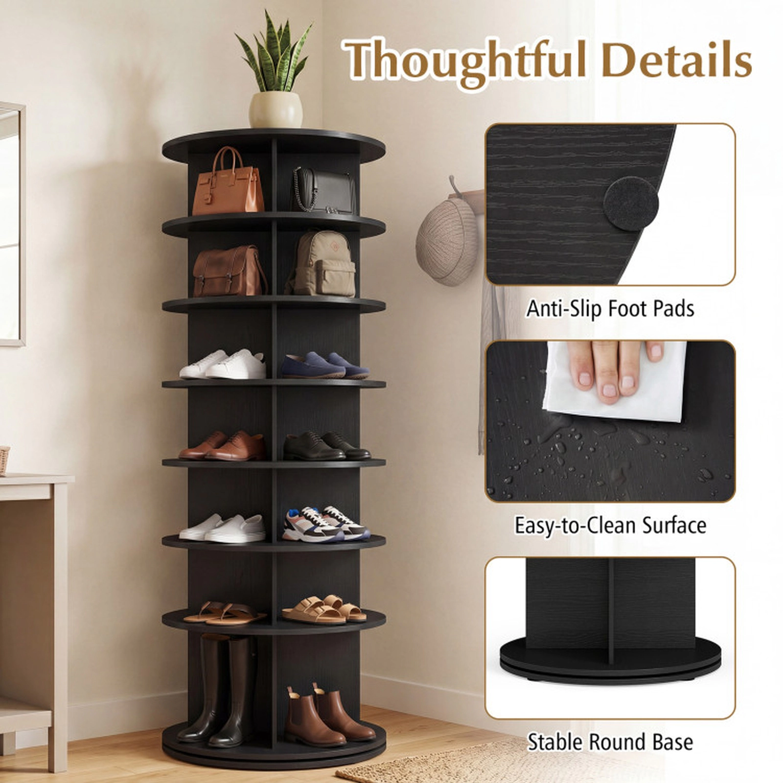 SUGIFT 7-Tier 360° Rotating Shoe Rack Tower Freestanding Spinning Shoe Organizer 22-lb Per Tier Black