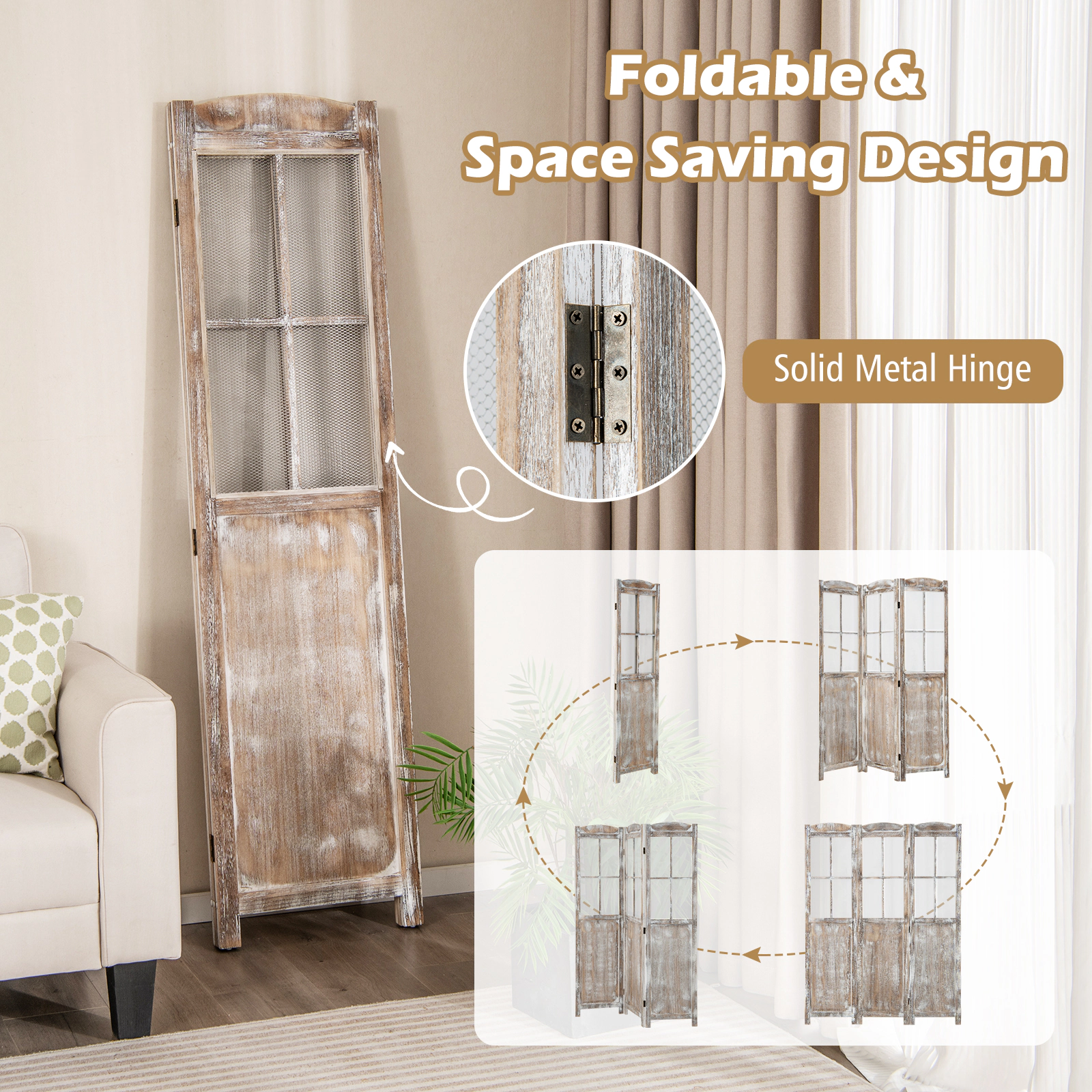 SUGIFT Coffee 54-in Wide 70-in Tall Folding Privacy Screen Room Divider with Paulownia Wood Mesh Windows