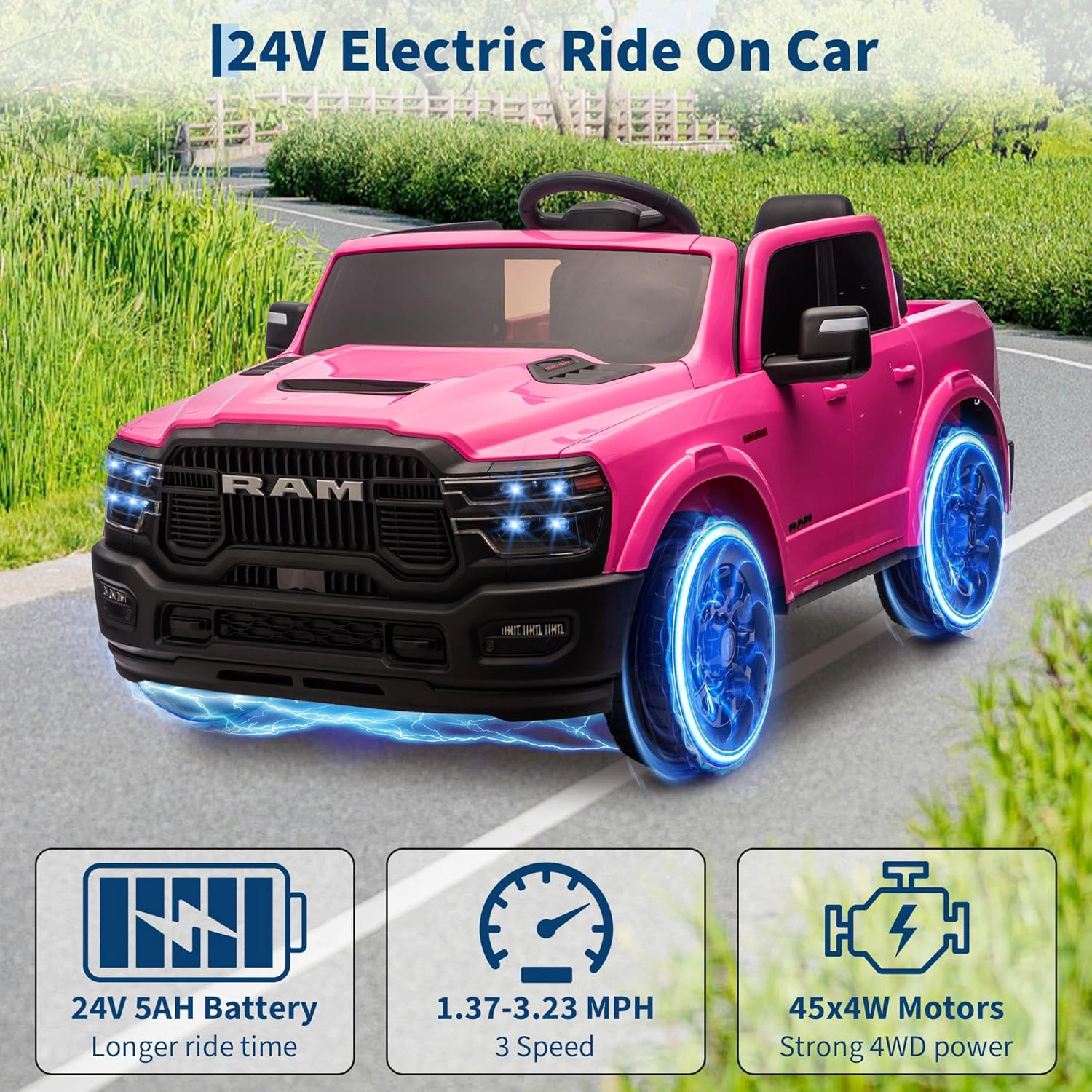 2 Seater Kids Electric Car, Licensed RAM 2500 24V Ride On Truck w/Remote, Bluetooth, 3 Speeds, LED, Suspension, Trunk
