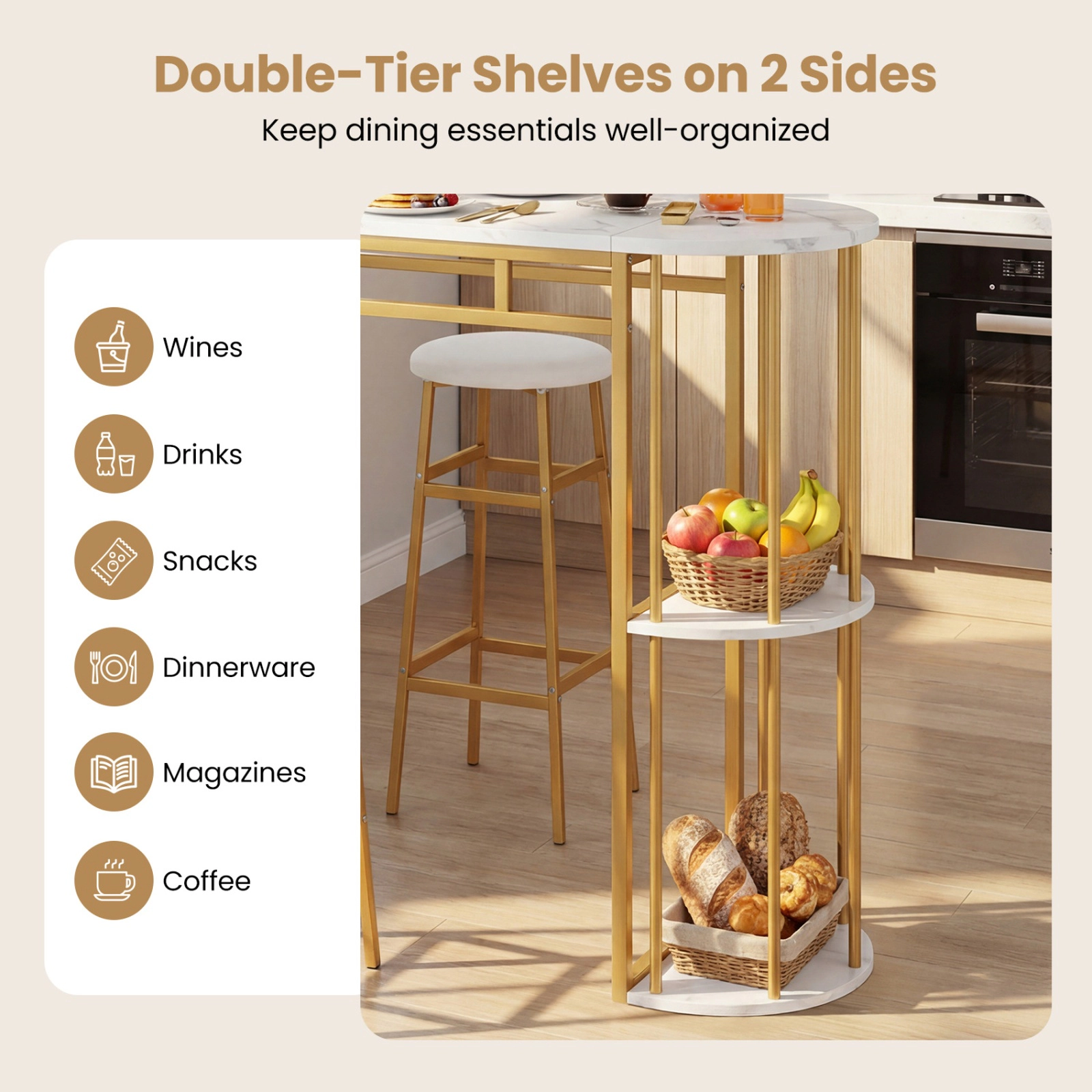 SUGIFT 3 Piece Bar Table Set White 60 in Faux Marble Table with 2 Upholstered Barstools